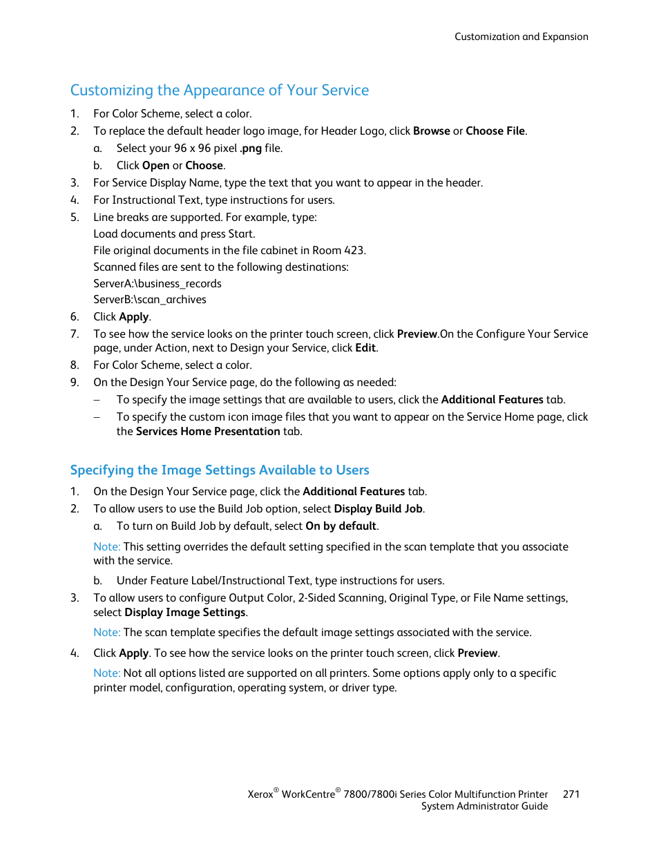 Customizing the appearance of your service, Specifying the image settings available to users | Xerox WorkCentre 7835ii User Manual | Page 271 / 284