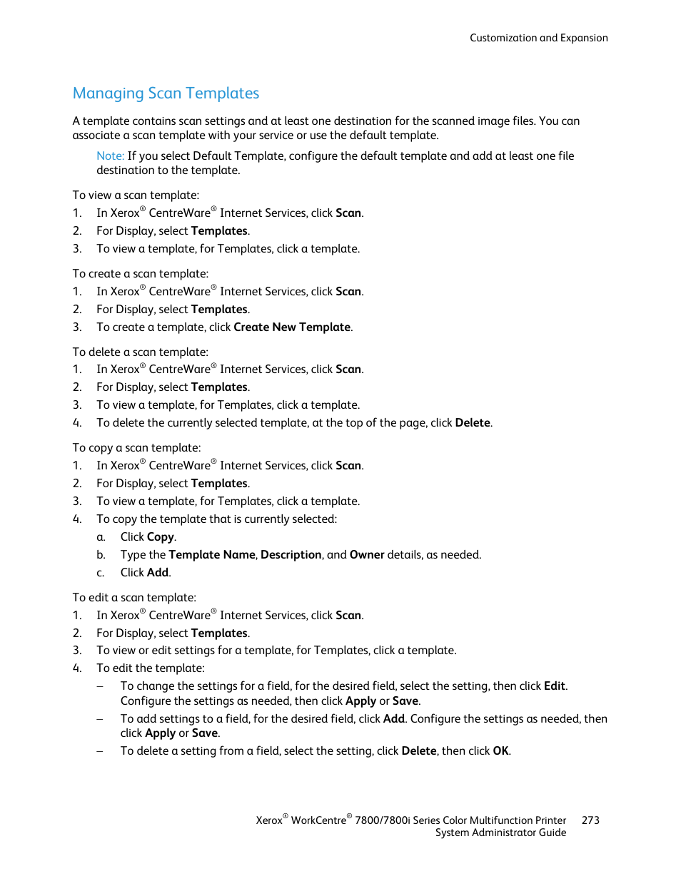 Managing scan templates | Xerox WorkCentre 7835ii User Manual | Page 273 / 284