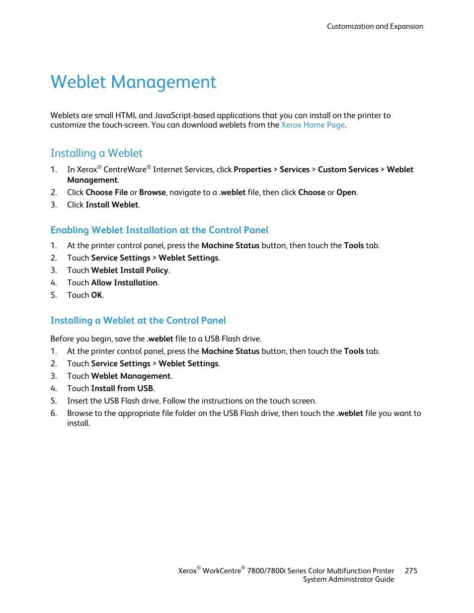 Weblet management, Installing a weblet, Enabling weblet installation at the control panel | Installing a weblet at the control panel | Xerox WorkCentre 7835ii User Manual | Page 275 / 284