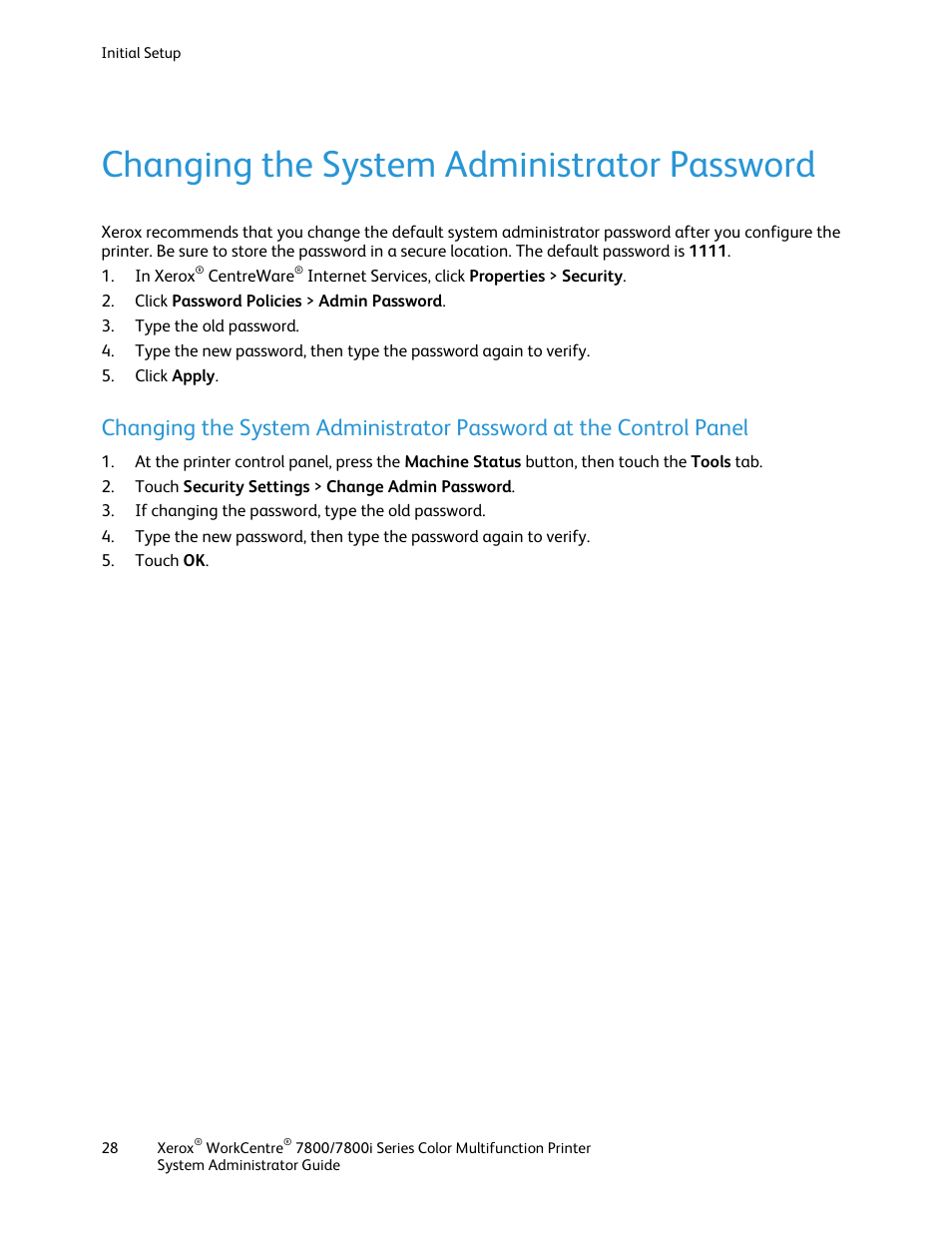 Changing the system administrator password | Xerox WorkCentre 7835ii User Manual | Page 28 / 284