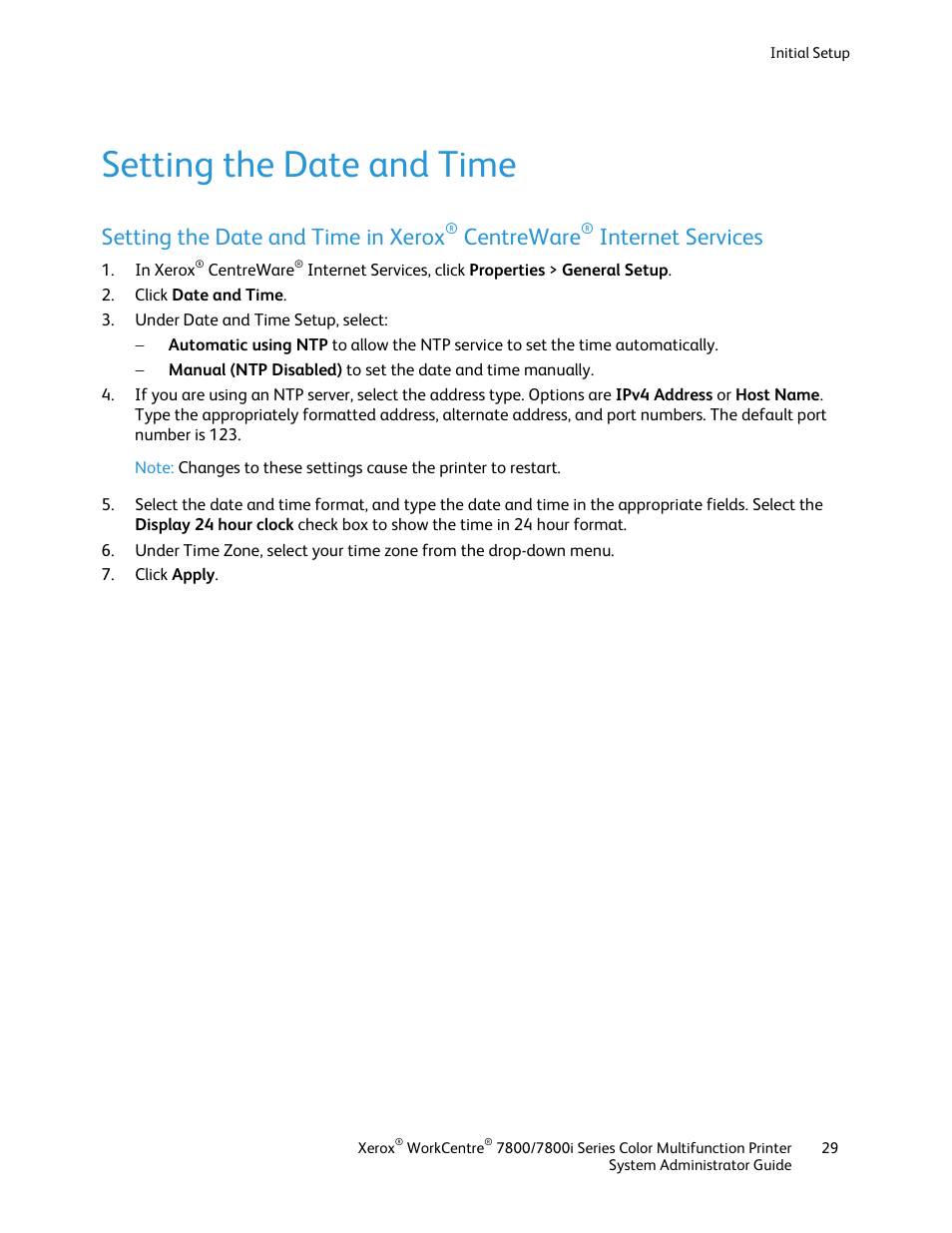 Setting the date and time, Setting the date and time in xerox, Centreware | Internet services | Xerox WorkCentre 7835ii User Manual | Page 29 / 284