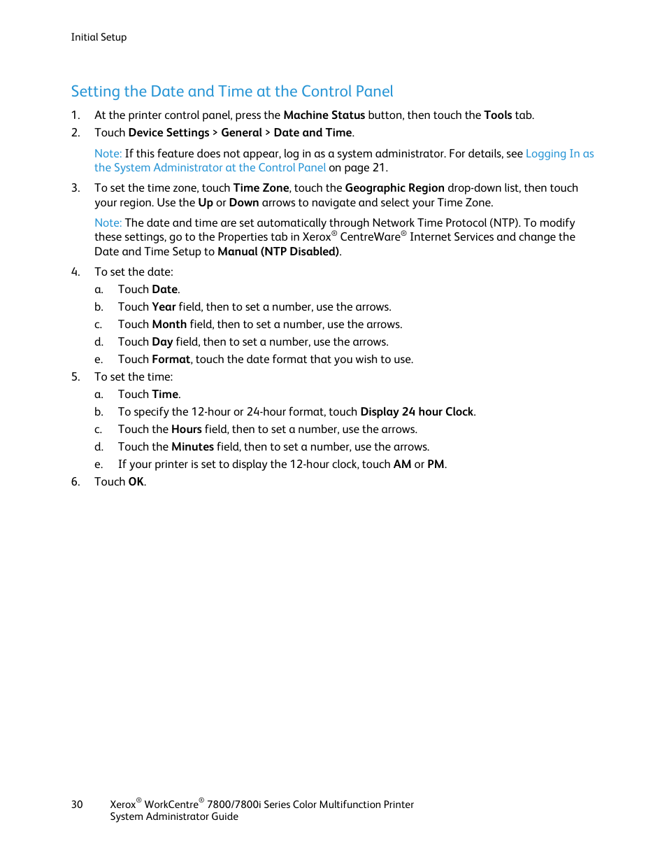 Setting the date and time at the control panel | Xerox WorkCentre 7835ii User Manual | Page 30 / 284