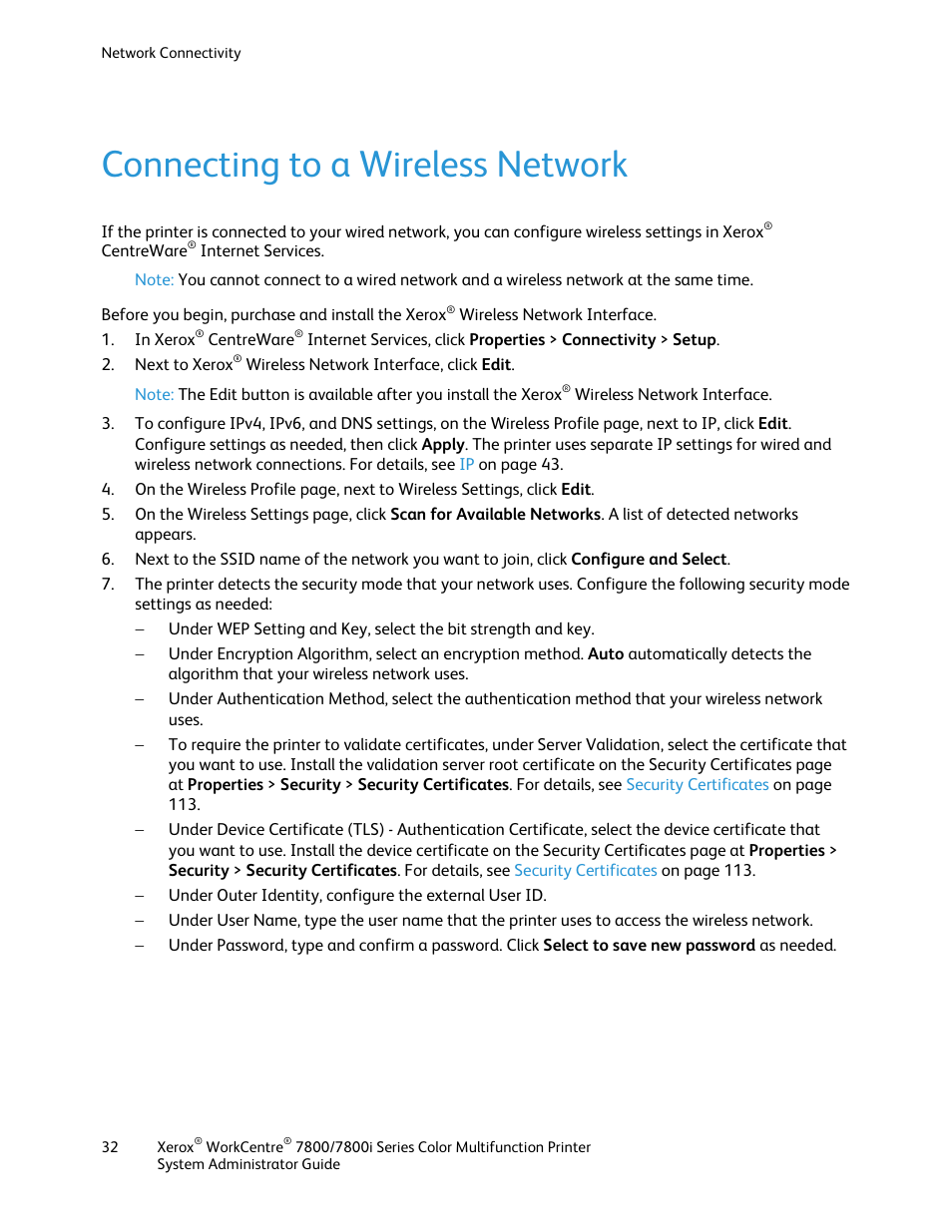 Connecting to a wireless network | Xerox WorkCentre 7835ii User Manual | Page 32 / 284