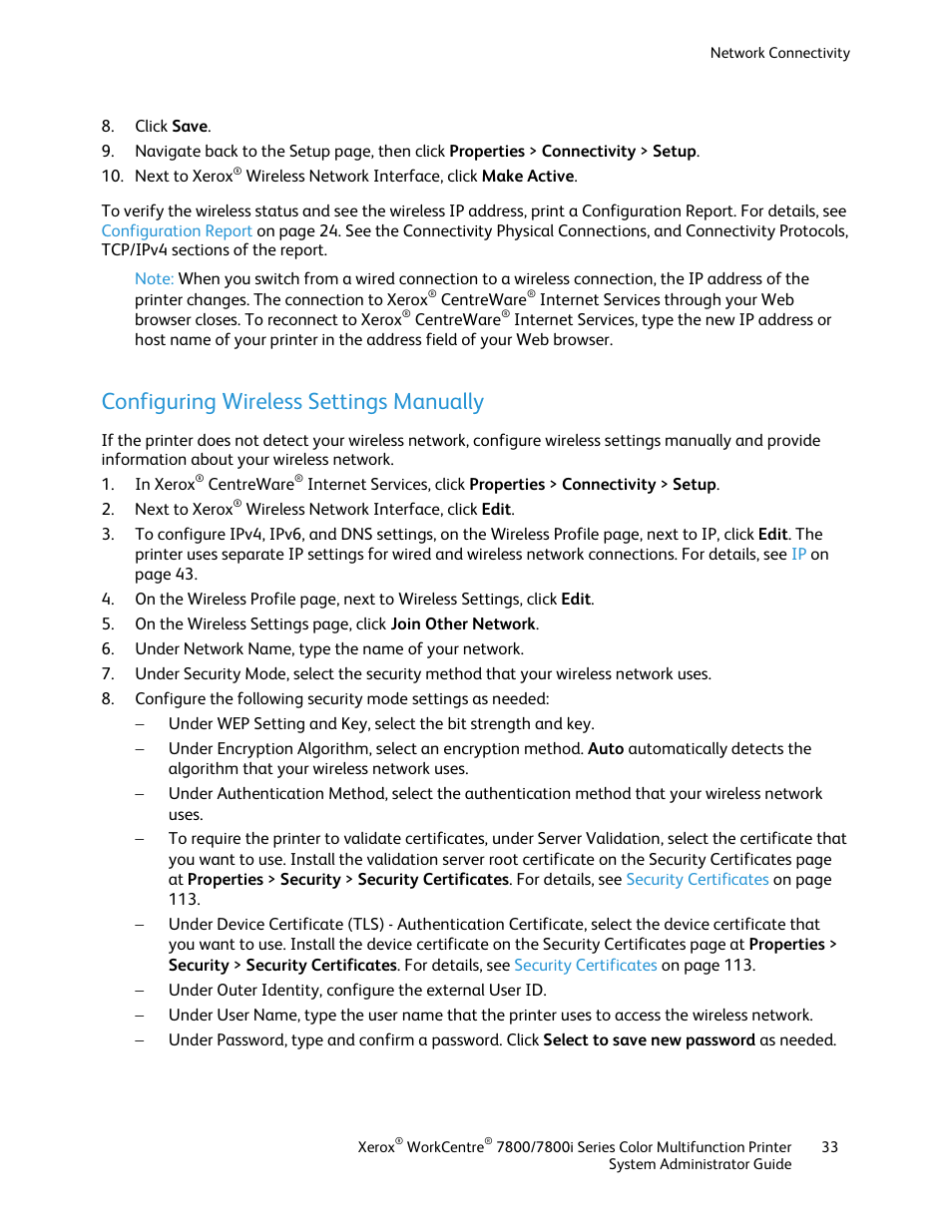 Configuring wireless settings manually | Xerox WorkCentre 7835ii User Manual | Page 33 / 284