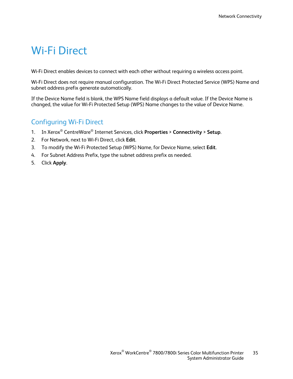 Wi-fi direct, Configuring wi-fi direct | Xerox WorkCentre 7835ii User Manual | Page 35 / 284