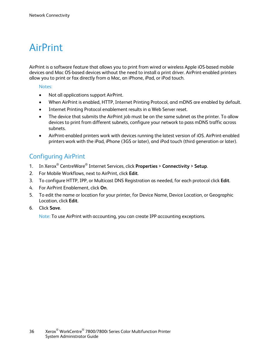 Airprint, Configuring airprint | Xerox WorkCentre 7835ii User Manual | Page 36 / 284