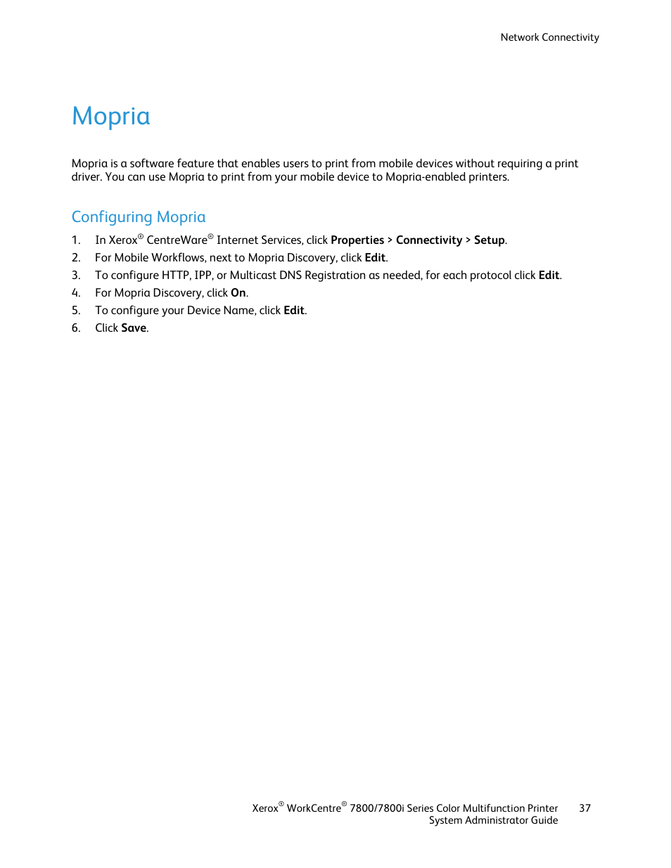 Mopria, Configuring mopria | Xerox WorkCentre 7835ii User Manual | Page 37 / 284