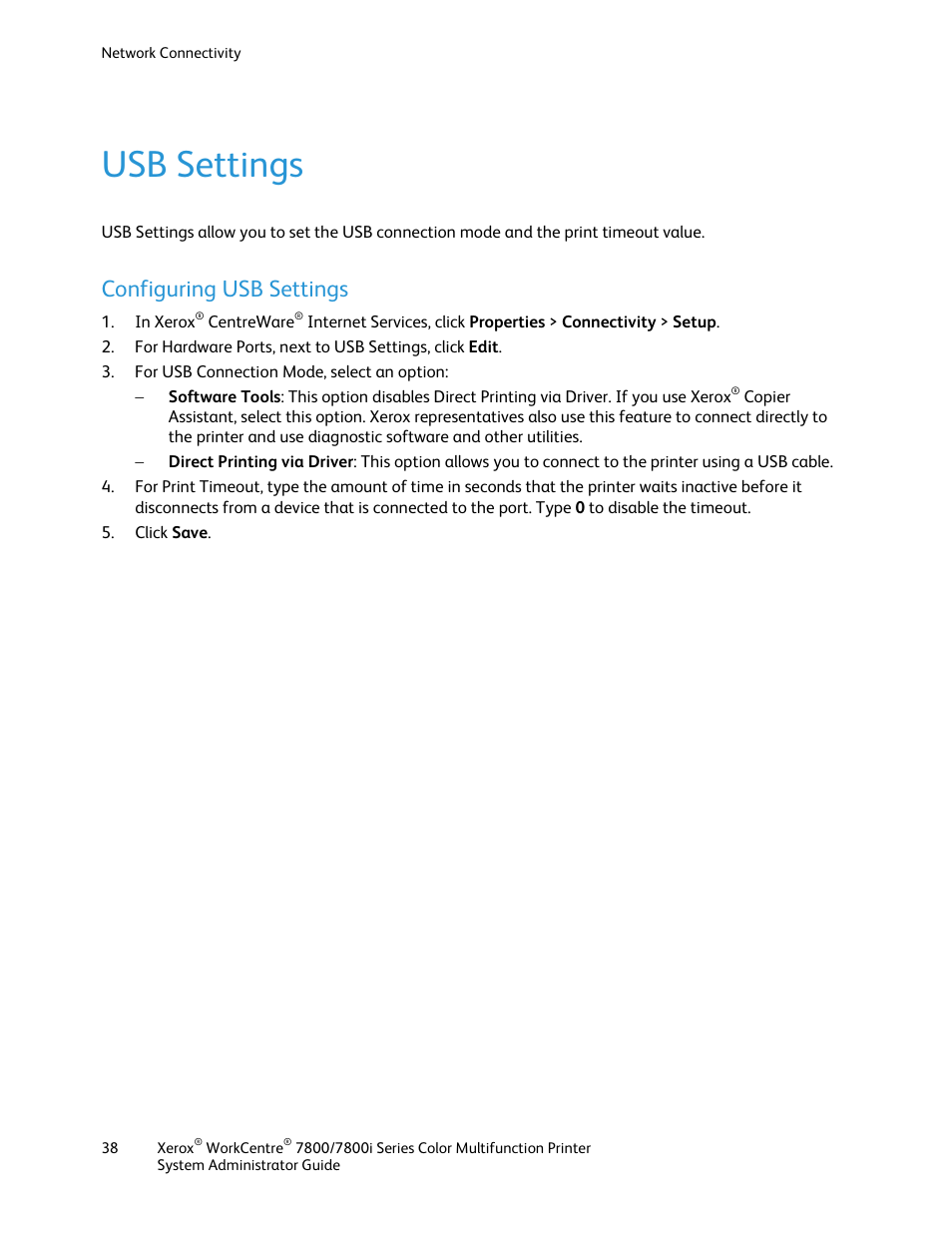 Usb settings, Configuring usb settings | Xerox WorkCentre 7835ii User Manual | Page 38 / 284