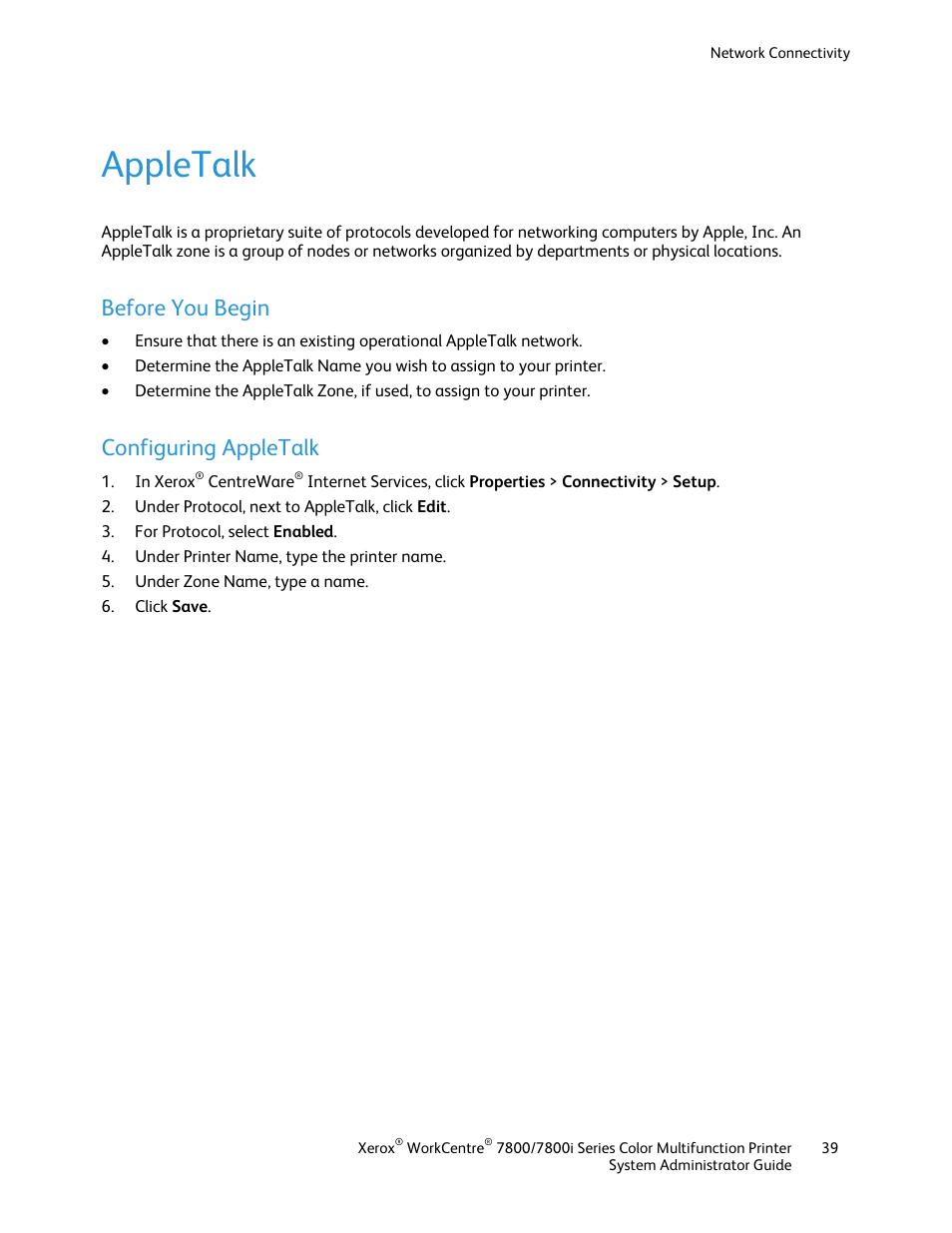 Appletalk, Before you begin, Configuring appletalk | Xerox WorkCentre 7835ii User Manual | Page 39 / 284