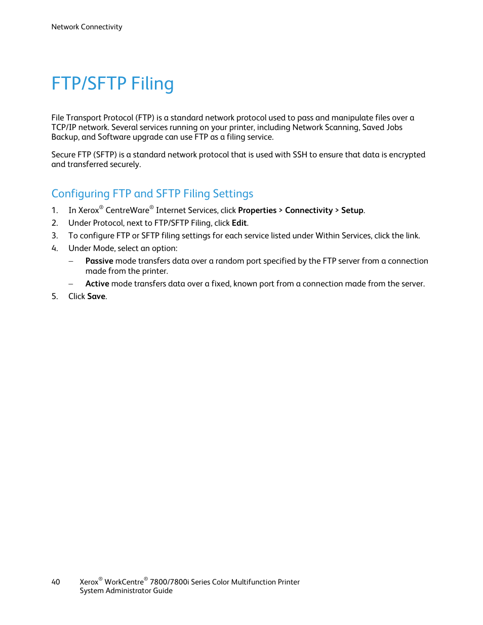 Ftp/sftp filing, Configuring ftp and sftp filing settings | Xerox WorkCentre 7835ii User Manual | Page 40 / 284