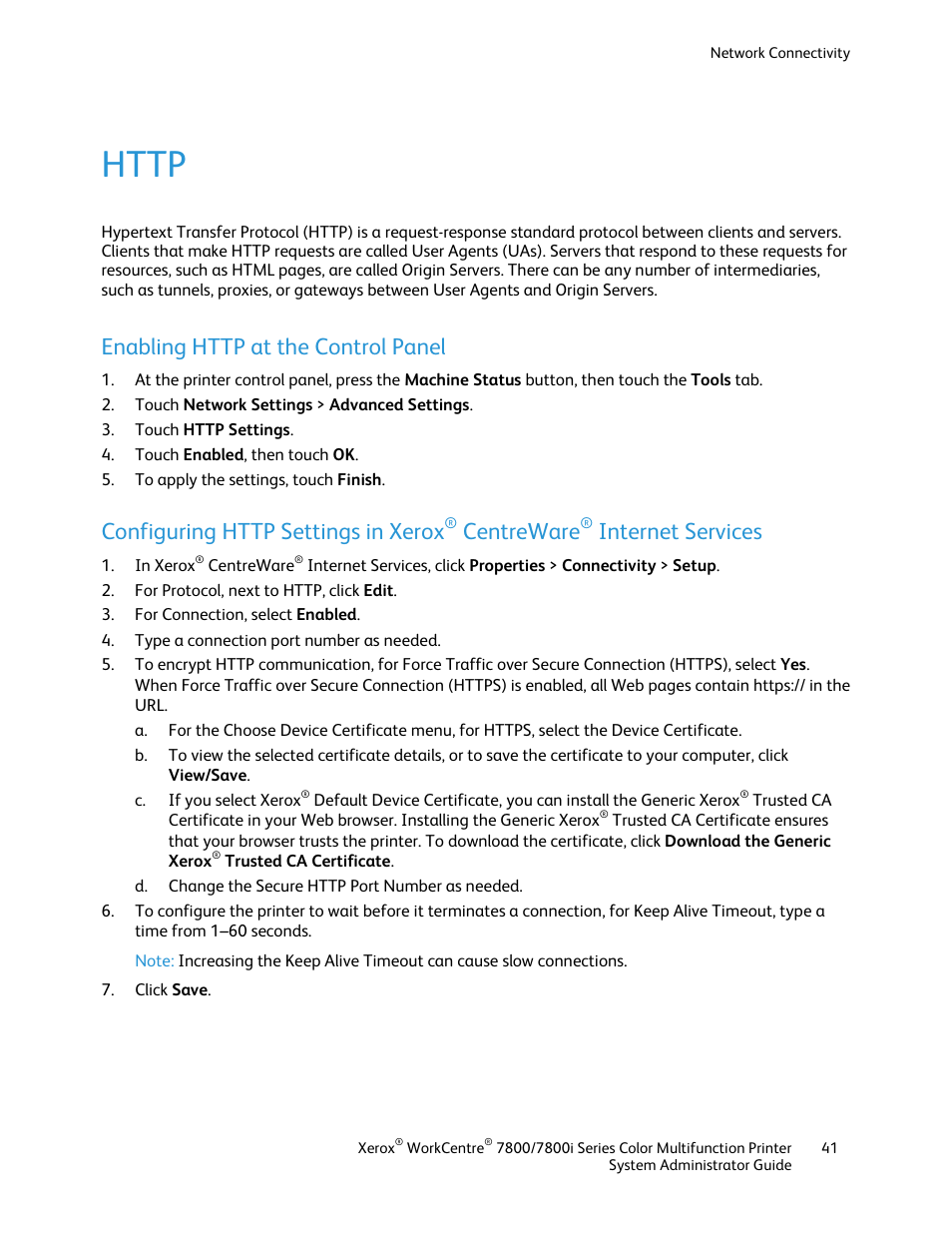 Http, Enabling http at the control panel, Centreware | Internet services | Xerox WorkCentre 7835ii User Manual | Page 41 / 284