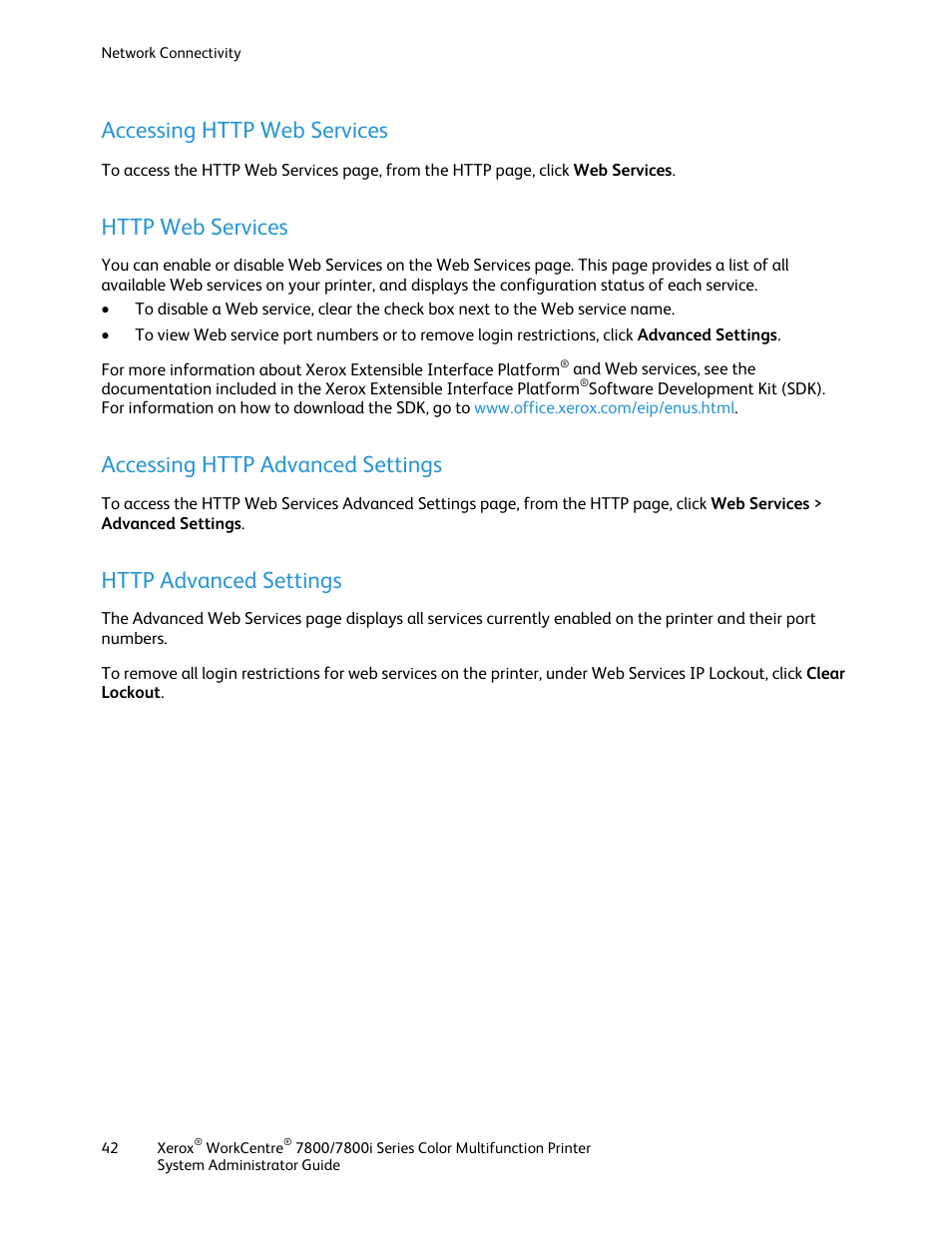 Accessing http web services, Http web services, Accessing http advanced settings | Http advanced settings | Xerox WorkCentre 7835ii User Manual | Page 42 / 284