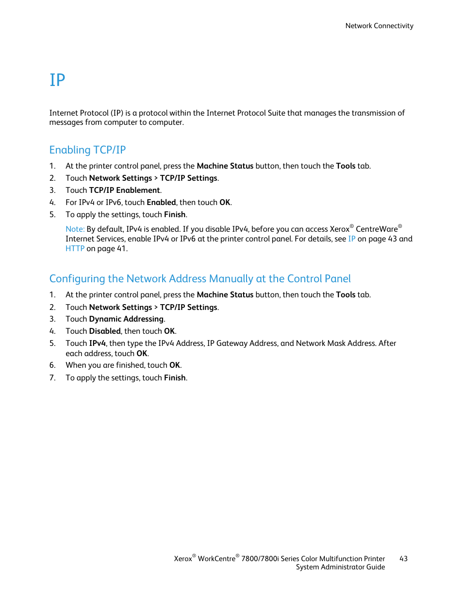 Enabling tcp/ip, E 43 | Xerox WorkCentre 7835ii User Manual | Page 43 / 284