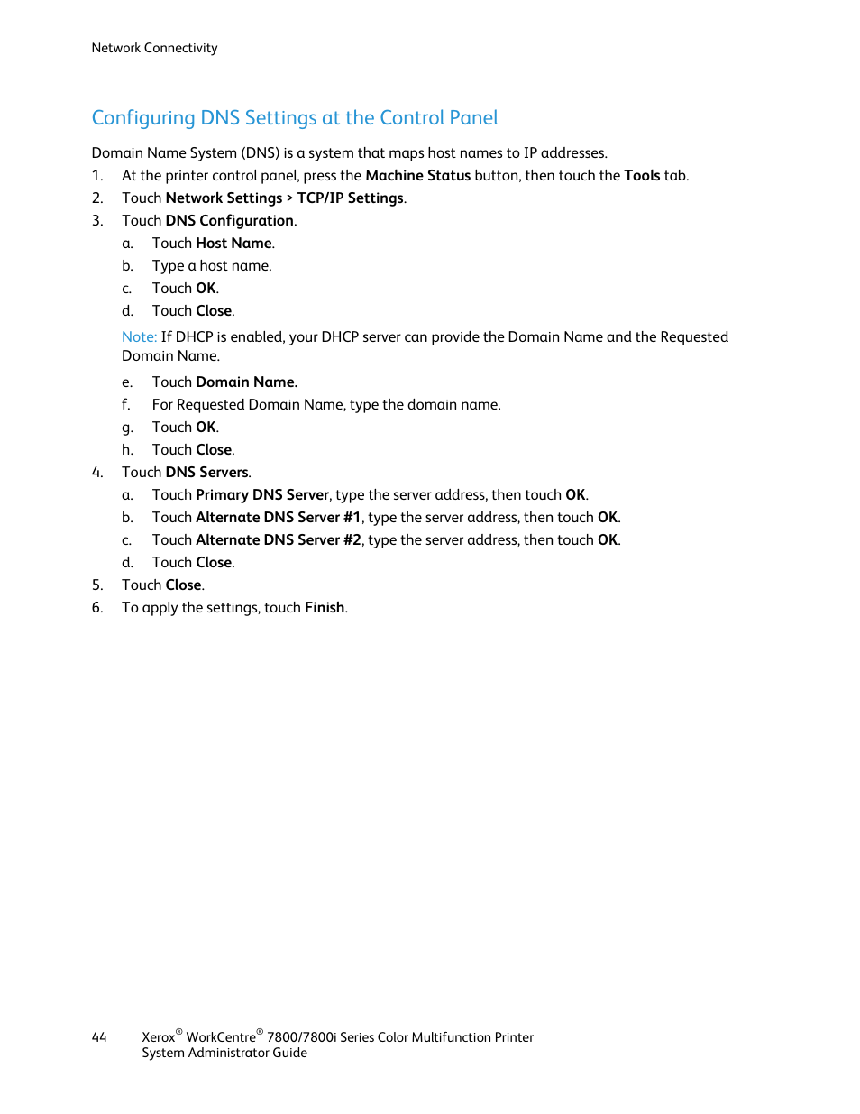 Configuring dns settings at the control panel | Xerox WorkCentre 7835ii User Manual | Page 44 / 284