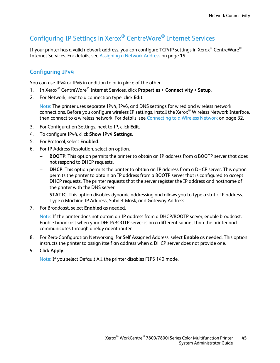 Configuring ipv4, Configuring ip settings in xerox, Centreware | Internet services | Xerox WorkCentre 7835ii User Manual | Page 45 / 284