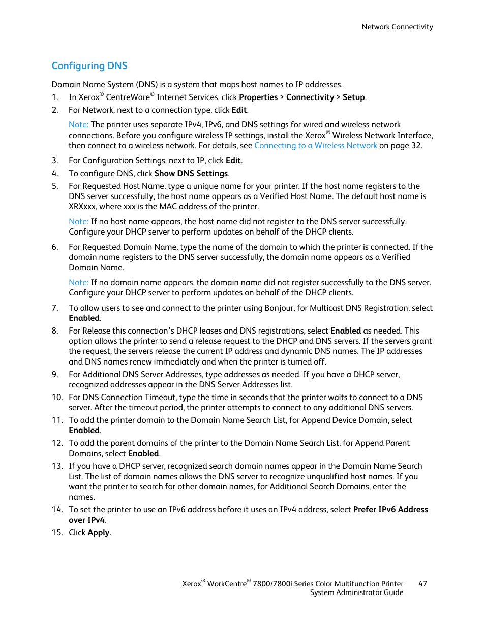 Configuring dns | Xerox WorkCentre 7835ii User Manual | Page 47 / 284