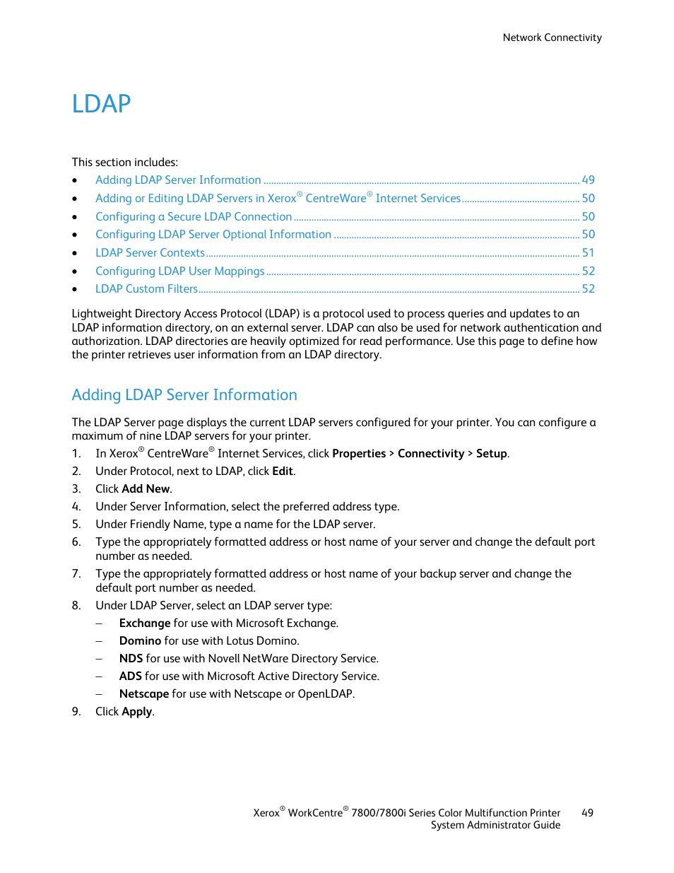 Ldap, Adding ldap server information | Xerox WorkCentre 7835ii User Manual | Page 49 / 284