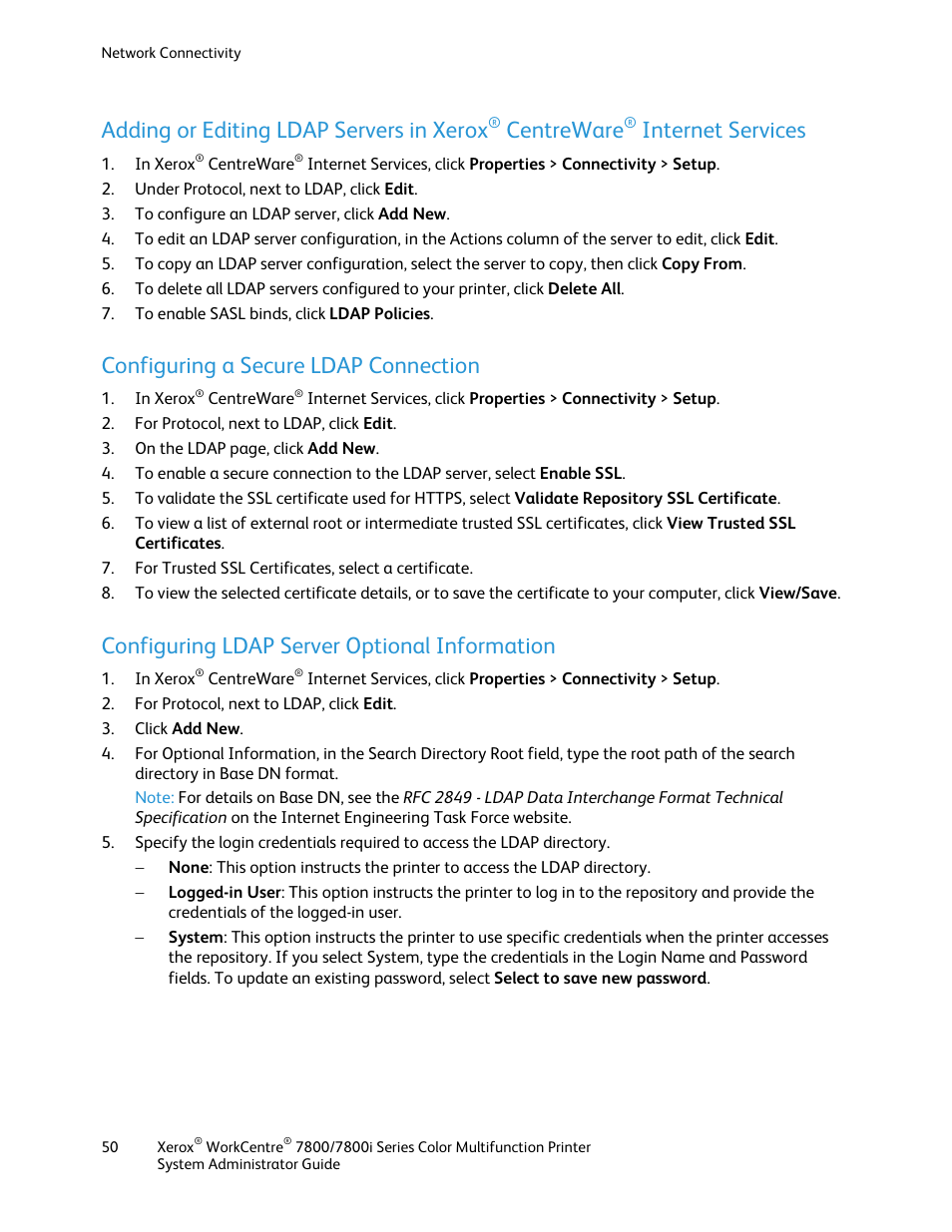 Configuring a secure ldap connection, Configuring ldap server optional information, Adding or editing ldap servers in xerox | Centreware, Internet services | Xerox WorkCentre 7835ii User Manual | Page 50 / 284