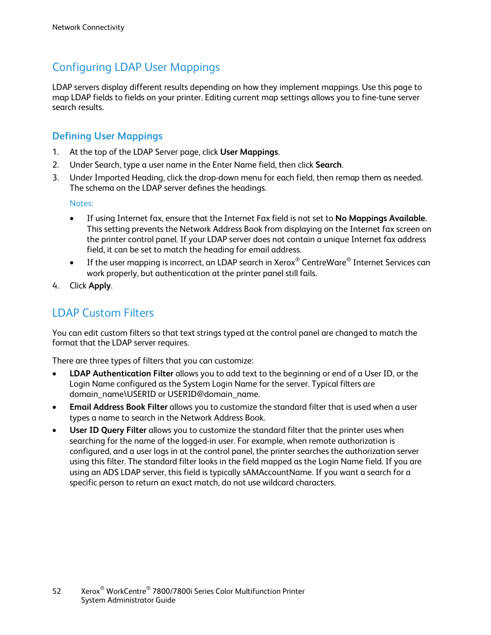 Configuring ldap user mappings, Defining user mappings, Ldap custom filters | Xerox WorkCentre 7835ii User Manual | Page 52 / 284