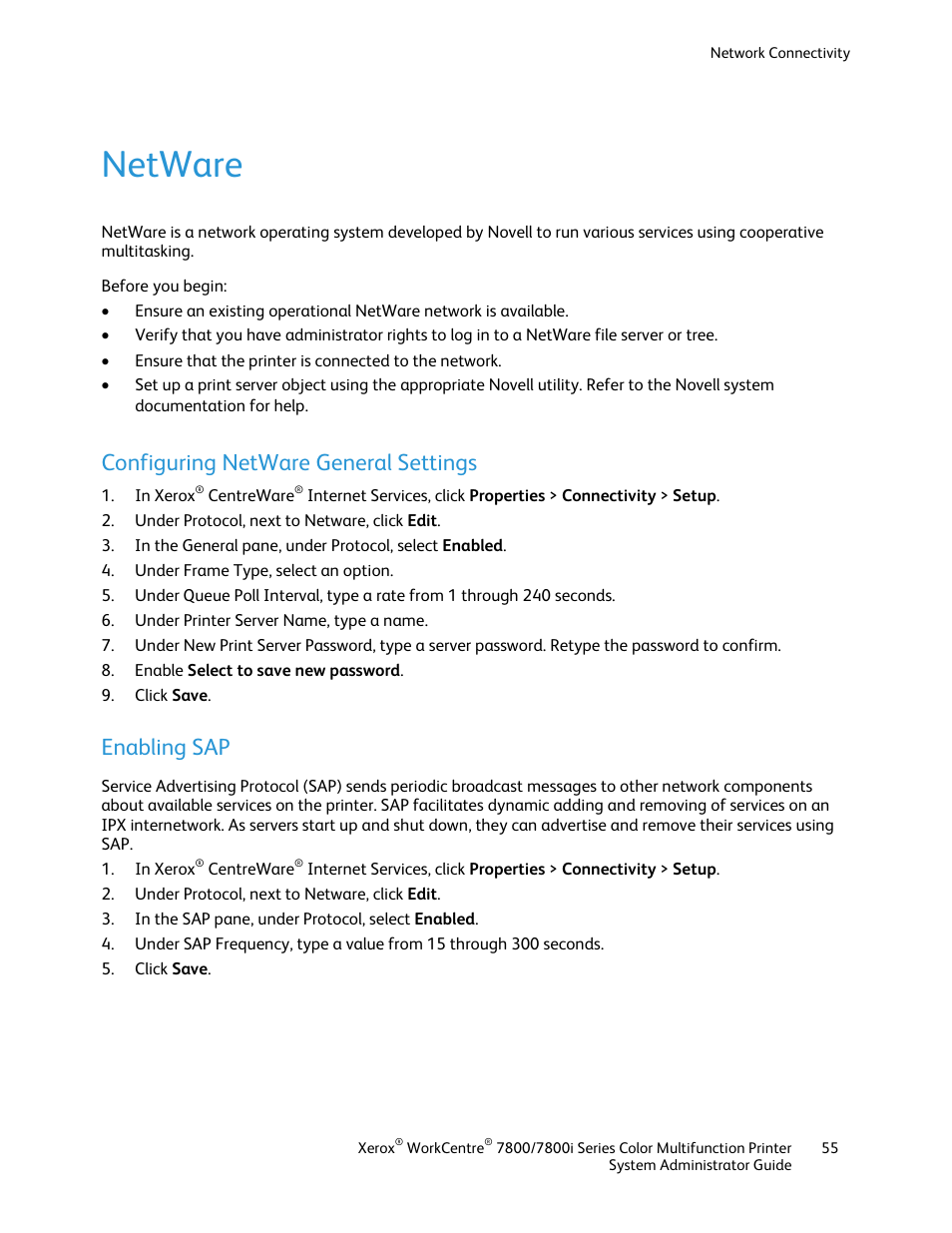 Netware, Configuring netware general settings, Enabling sap | Xerox WorkCentre 7835ii User Manual | Page 55 / 284