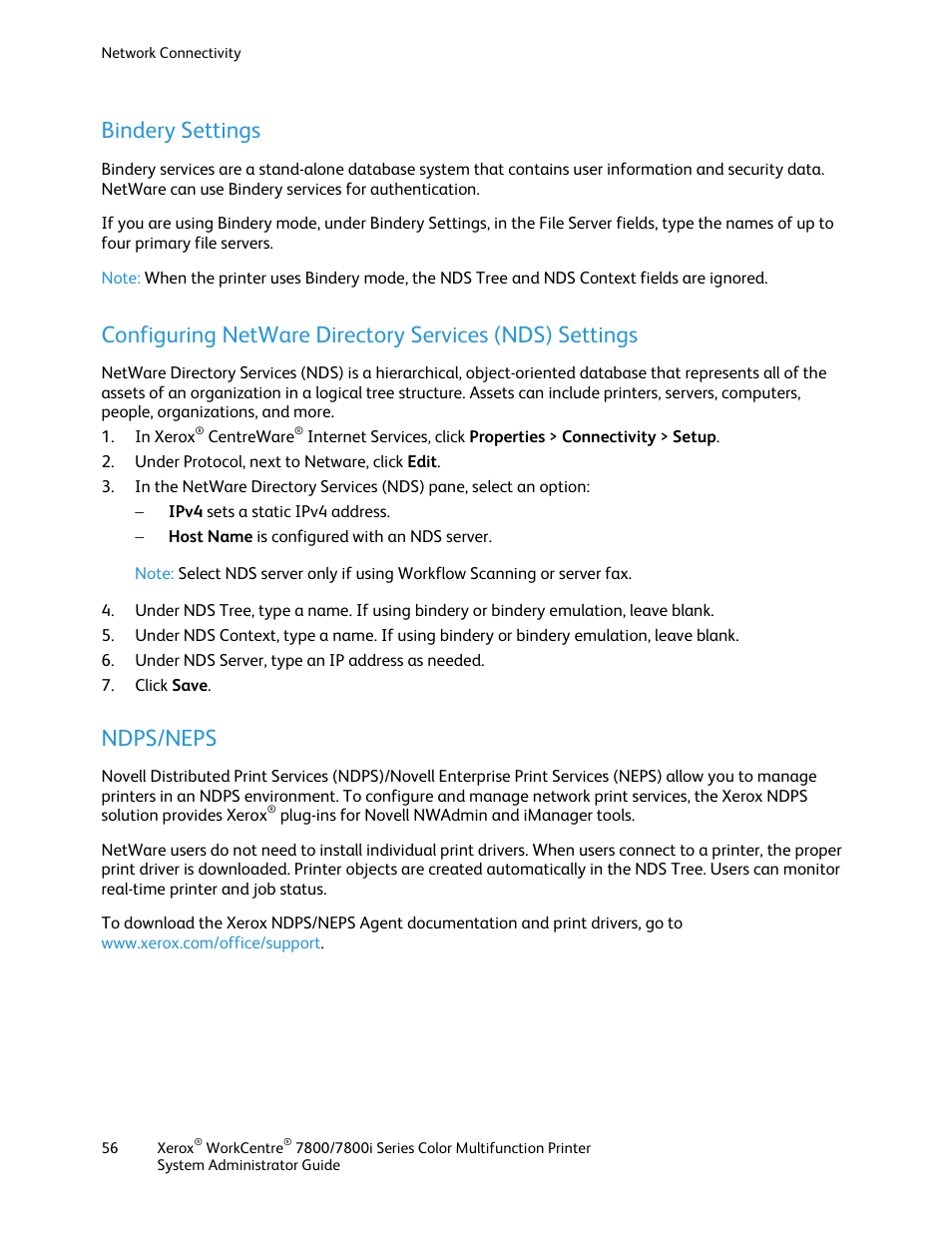 Bindery settings, Ndps/neps | Xerox WorkCentre 7835ii User Manual | Page 56 / 284