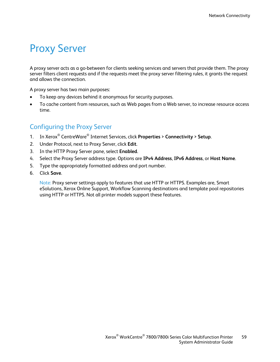 Proxy server, Configuring the proxy server | Xerox WorkCentre 7835ii User Manual | Page 59 / 284