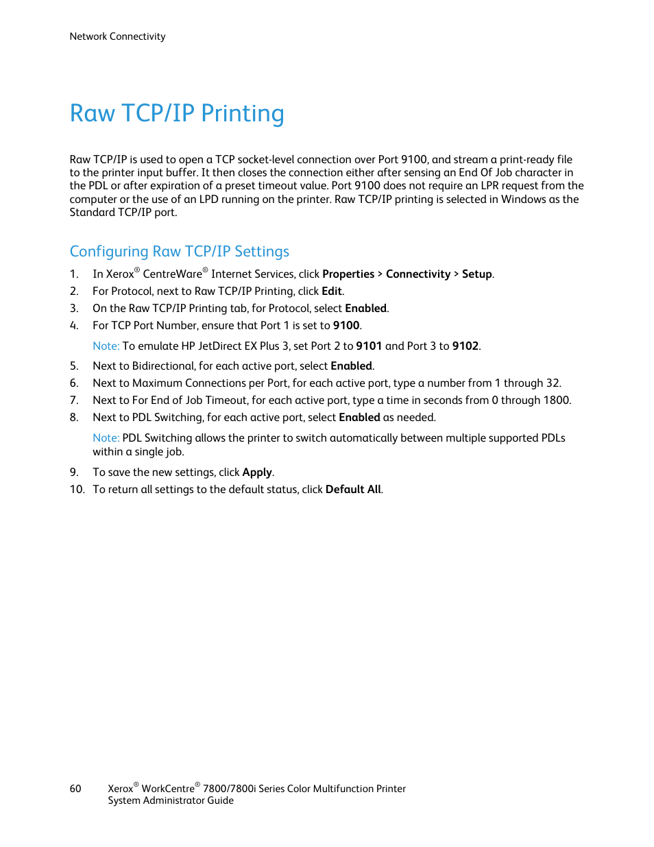 Raw tcp/ip printing, Configuring raw tcp/ip settings | Xerox WorkCentre 7835ii User Manual | Page 60 / 284