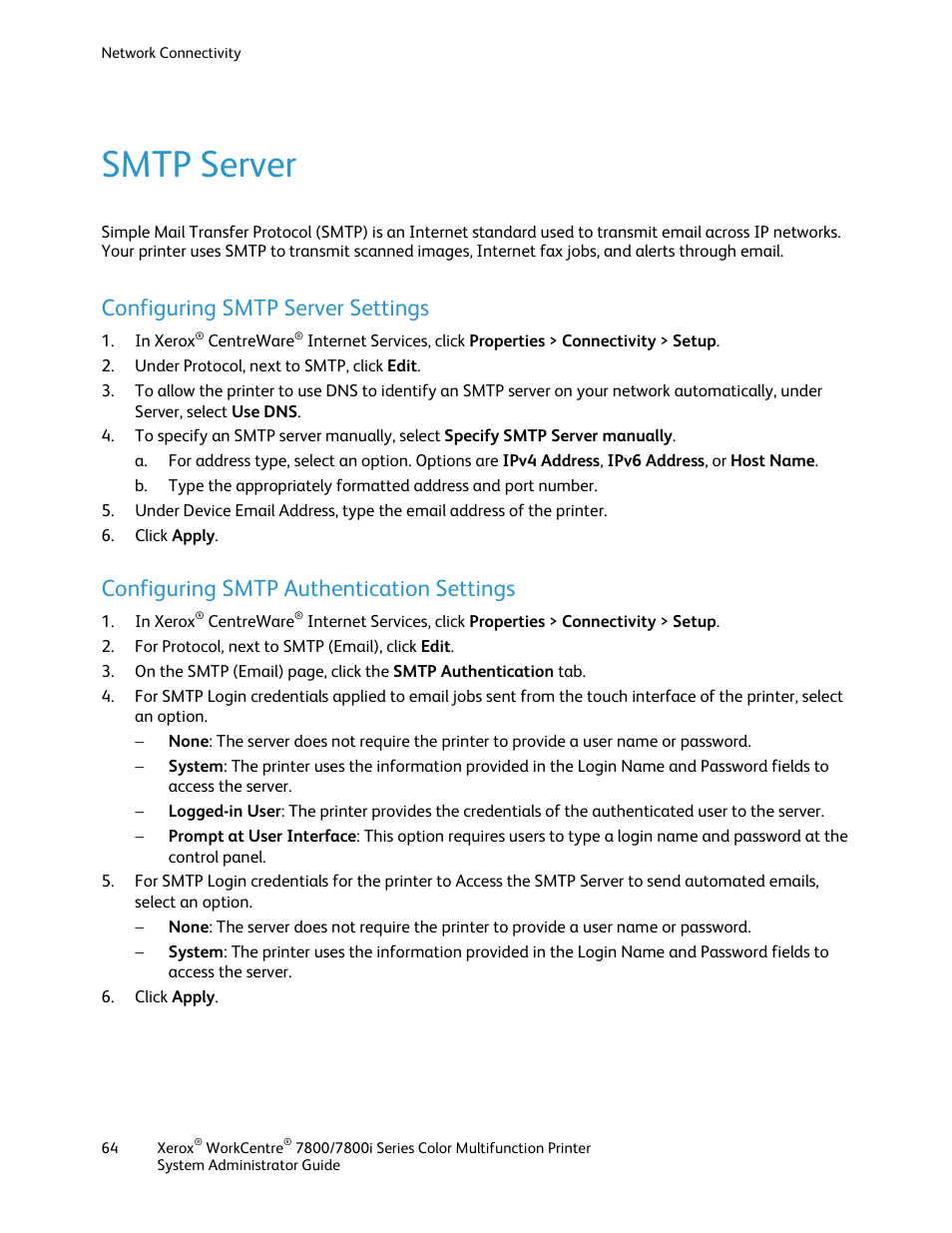 Smtp server, Configuring smtp server settings, Configuring smtp authentication settings | Xerox WorkCentre 7835ii User Manual | Page 64 / 284