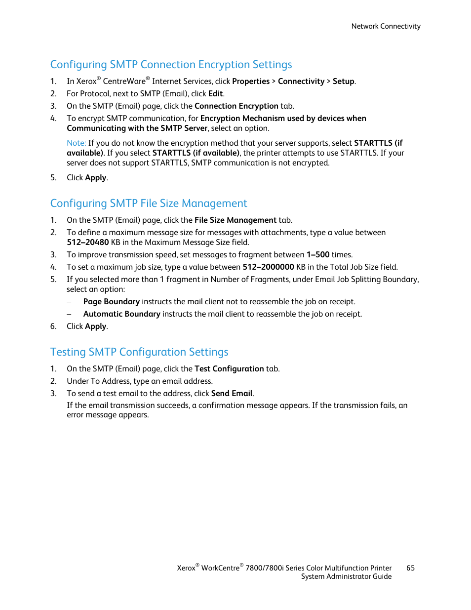 Configuring smtp connection encryption settings, Configuring smtp file size management, Testing smtp configuration settings | Xerox WorkCentre 7835ii User Manual | Page 65 / 284