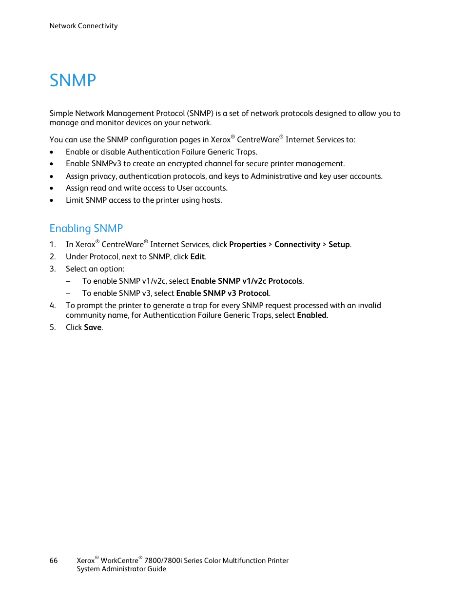 Snmp, Enabling snmp | Xerox WorkCentre 7835ii User Manual | Page 66 / 284