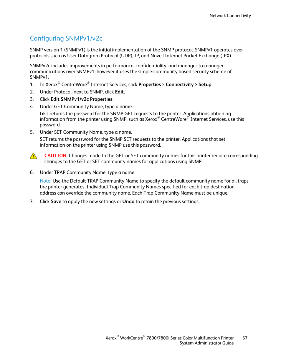 Configuring snmpv1/v2c | Xerox WorkCentre 7835ii User Manual | Page 67 / 284