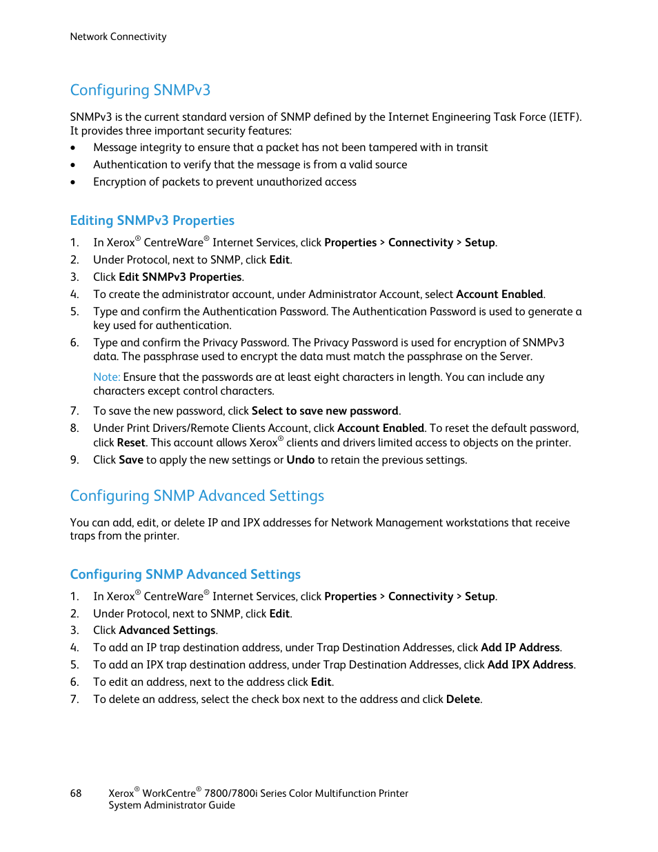 Configuring snmpv3, Editing snmpv3 properties, Configuring snmp advanced settings | Xerox WorkCentre 7835ii User Manual | Page 68 / 284