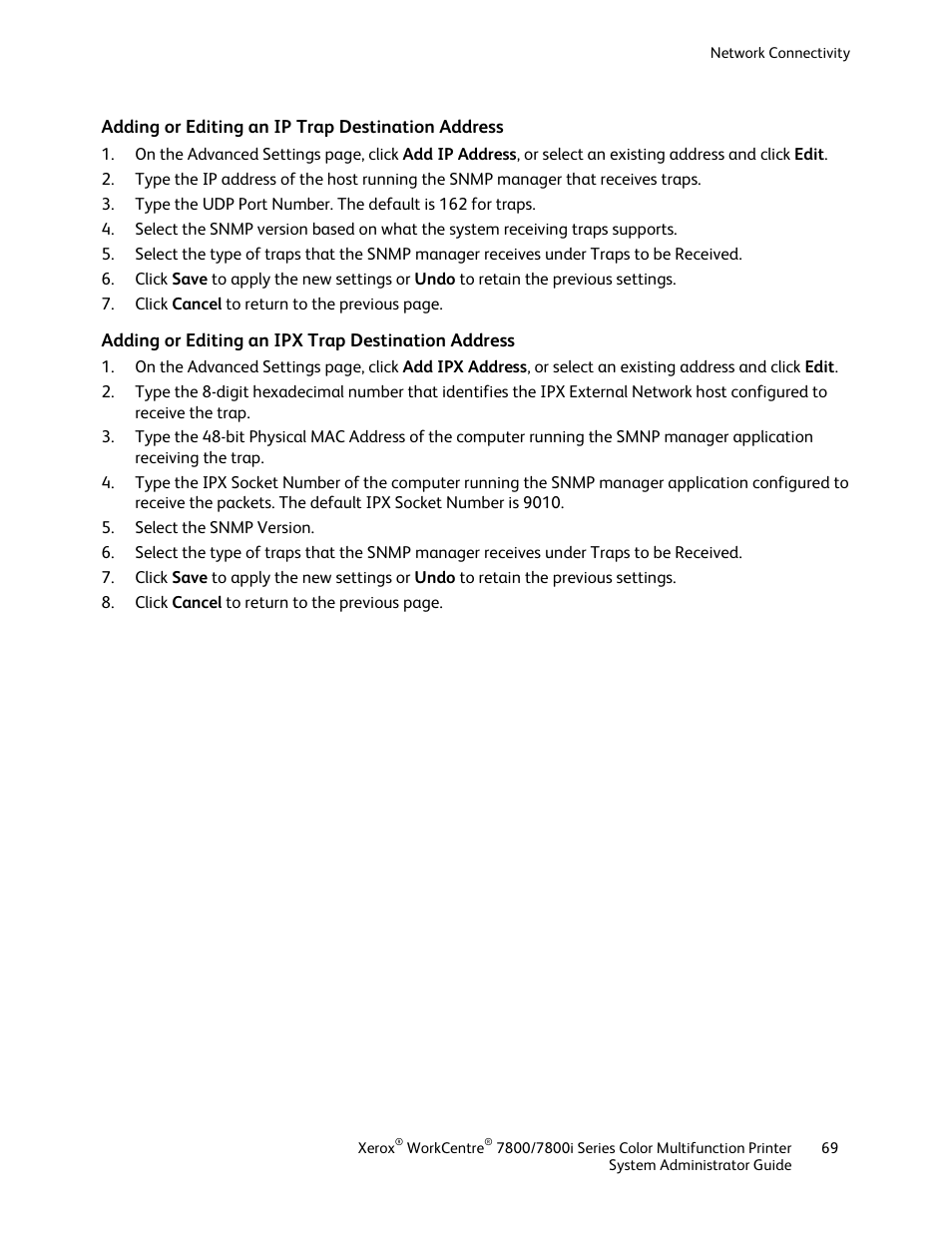 Adding or editing an ip trap destination address, Adding or editing an ipx trap destination address | Xerox WorkCentre 7835ii User Manual | Page 69 / 284