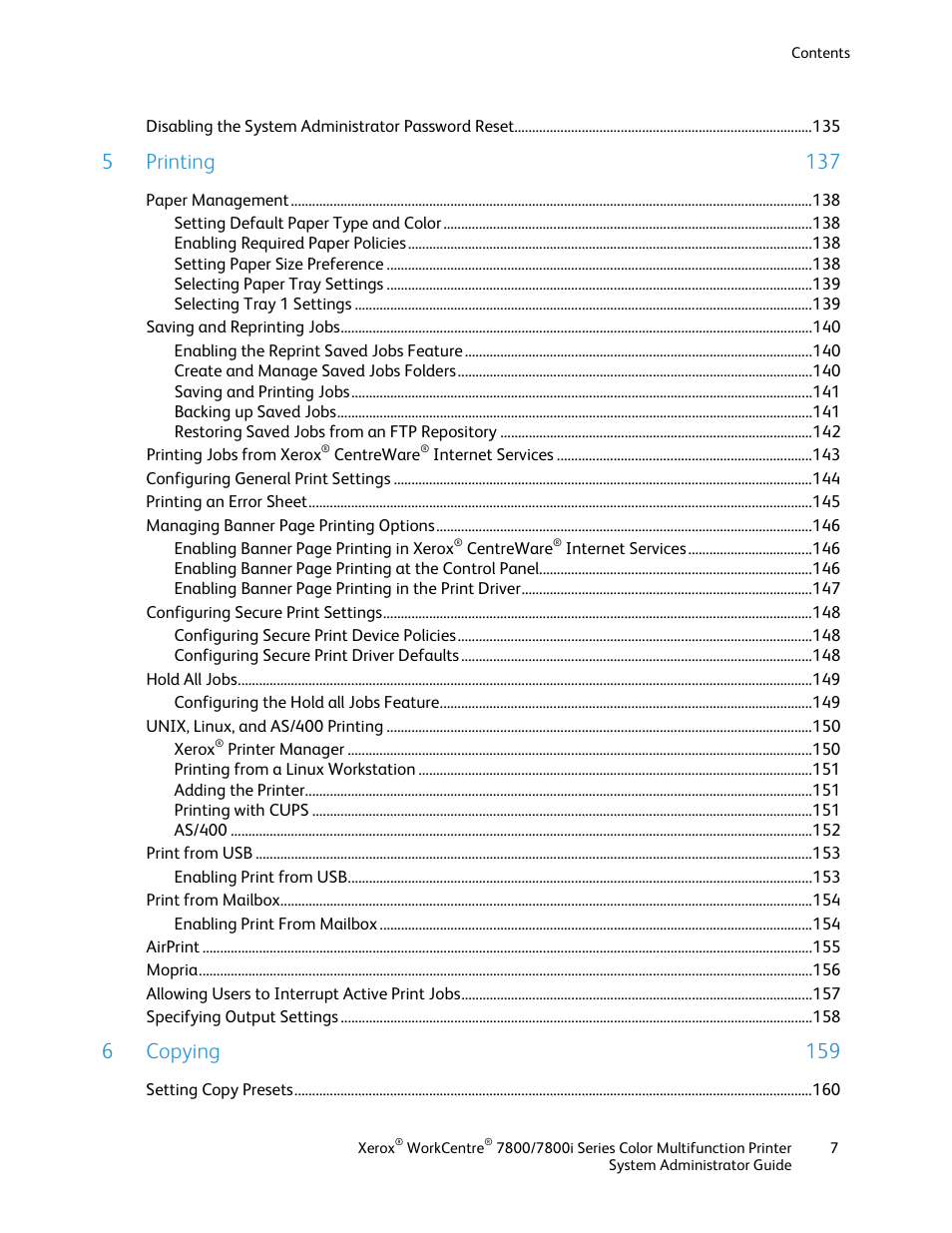 5 printing 137, 6 copying 159 | Xerox WorkCentre 7835ii User Manual | Page 7 / 284