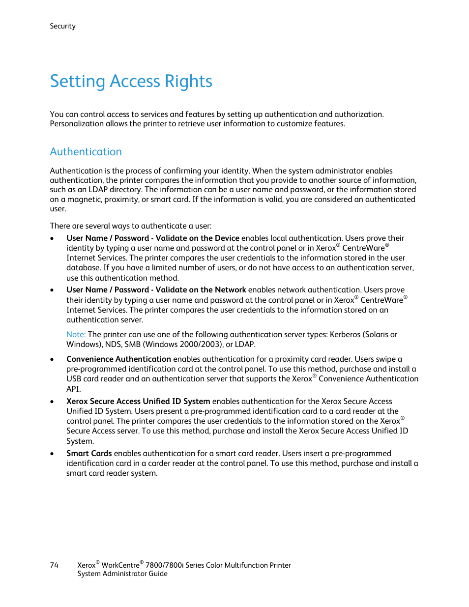 Setting access rights, Authentication | Xerox WorkCentre 7835ii User Manual | Page 74 / 284