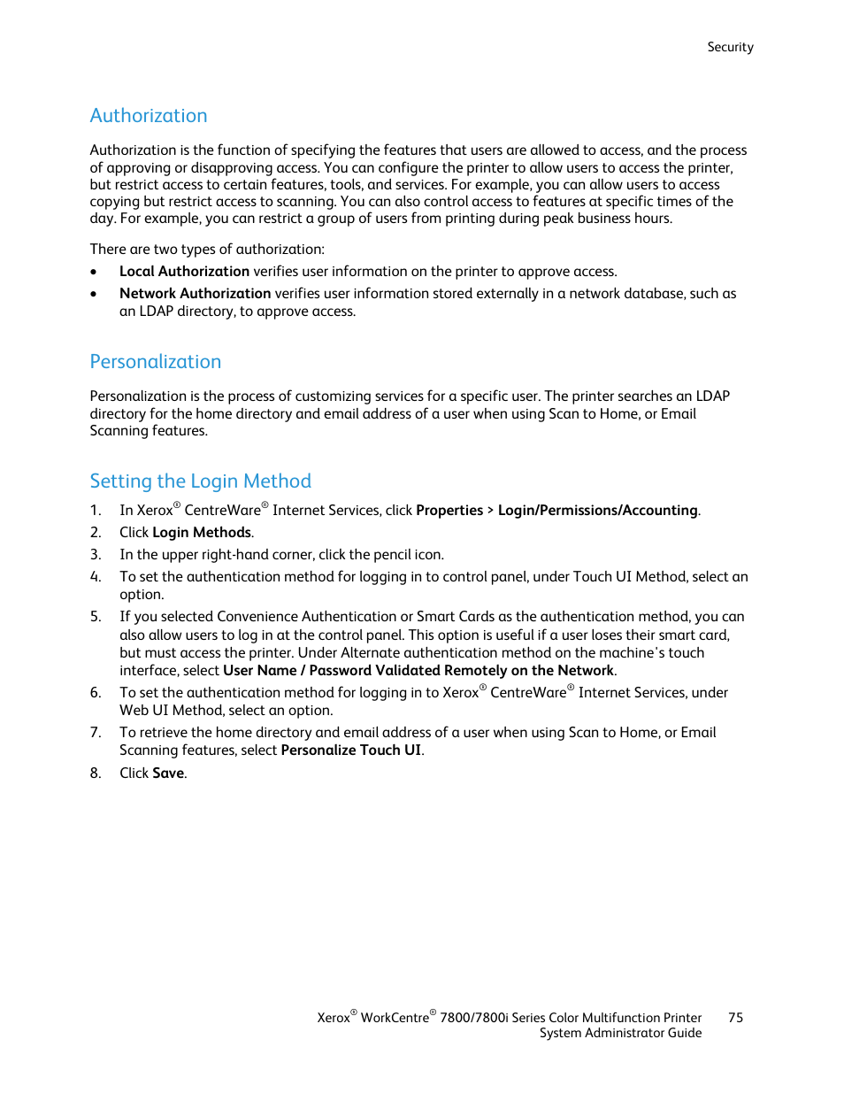 Authorization, Personalization, Setting the login method | Xerox WorkCentre 7835ii User Manual | Page 75 / 284