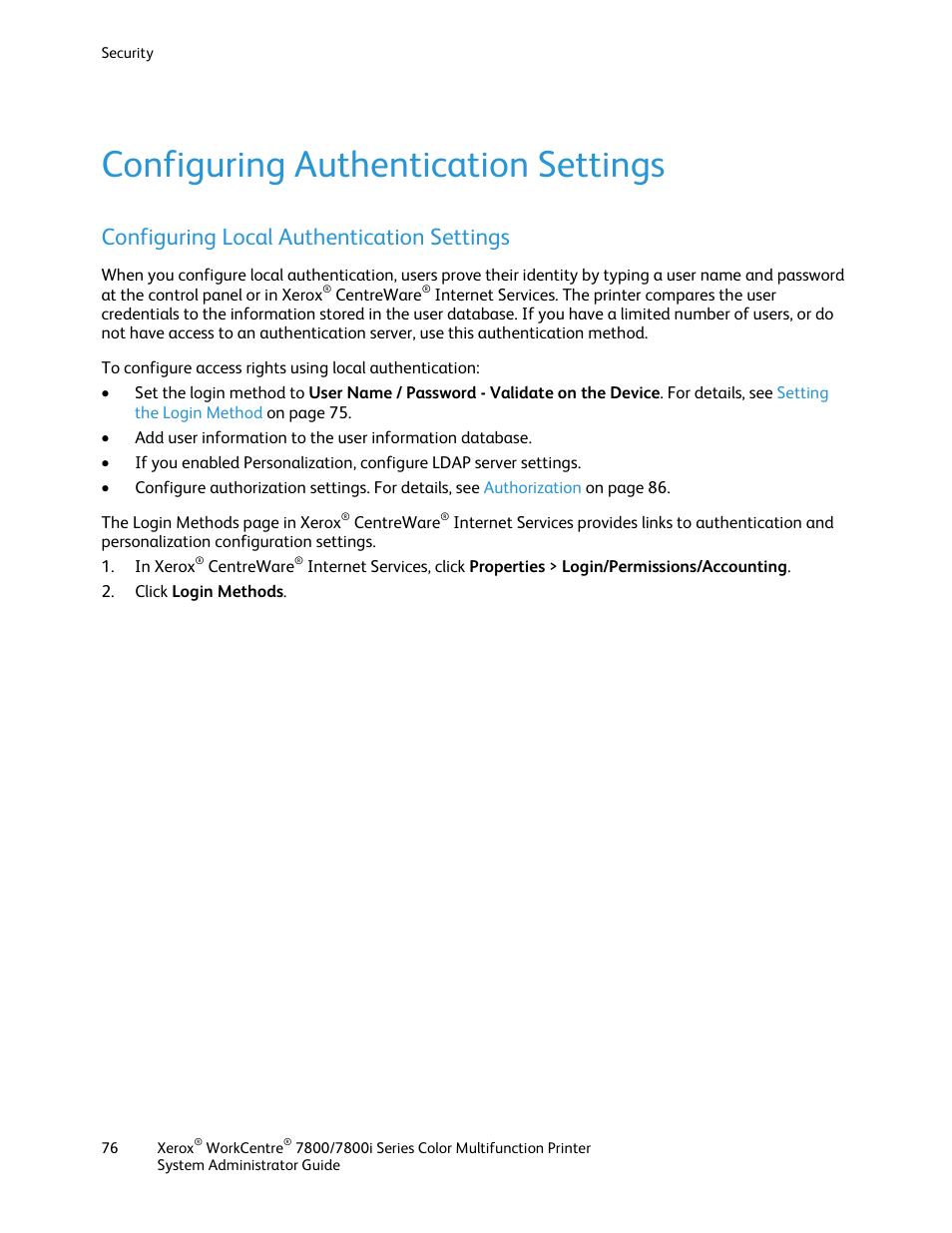 Configuring authentication settings, Configuring local authentication settings | Xerox WorkCentre 7835ii User Manual | Page 76 / 284