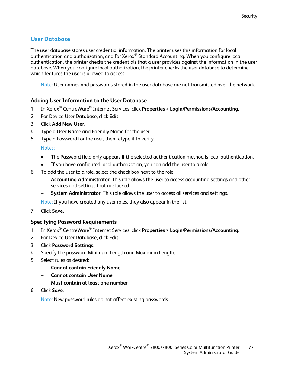 User database, Adding user information to the user database, Specifying password requirements | Xerox WorkCentre 7835ii User Manual | Page 77 / 284
