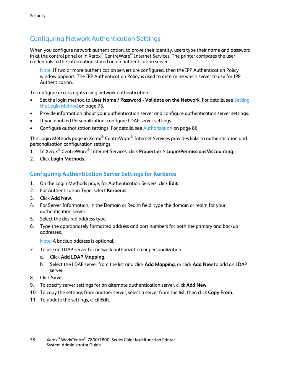 Configuring network authentication settings | Xerox WorkCentre 7835ii User Manual | Page 78 / 284