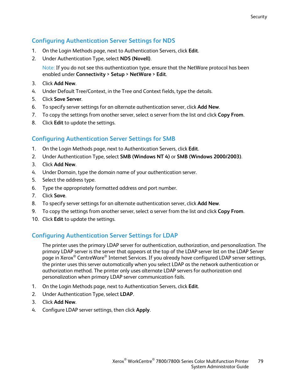 Configuring authentication server settings for nds, Configuring authentication server settings for smb | Xerox WorkCentre 7835ii User Manual | Page 79 / 284