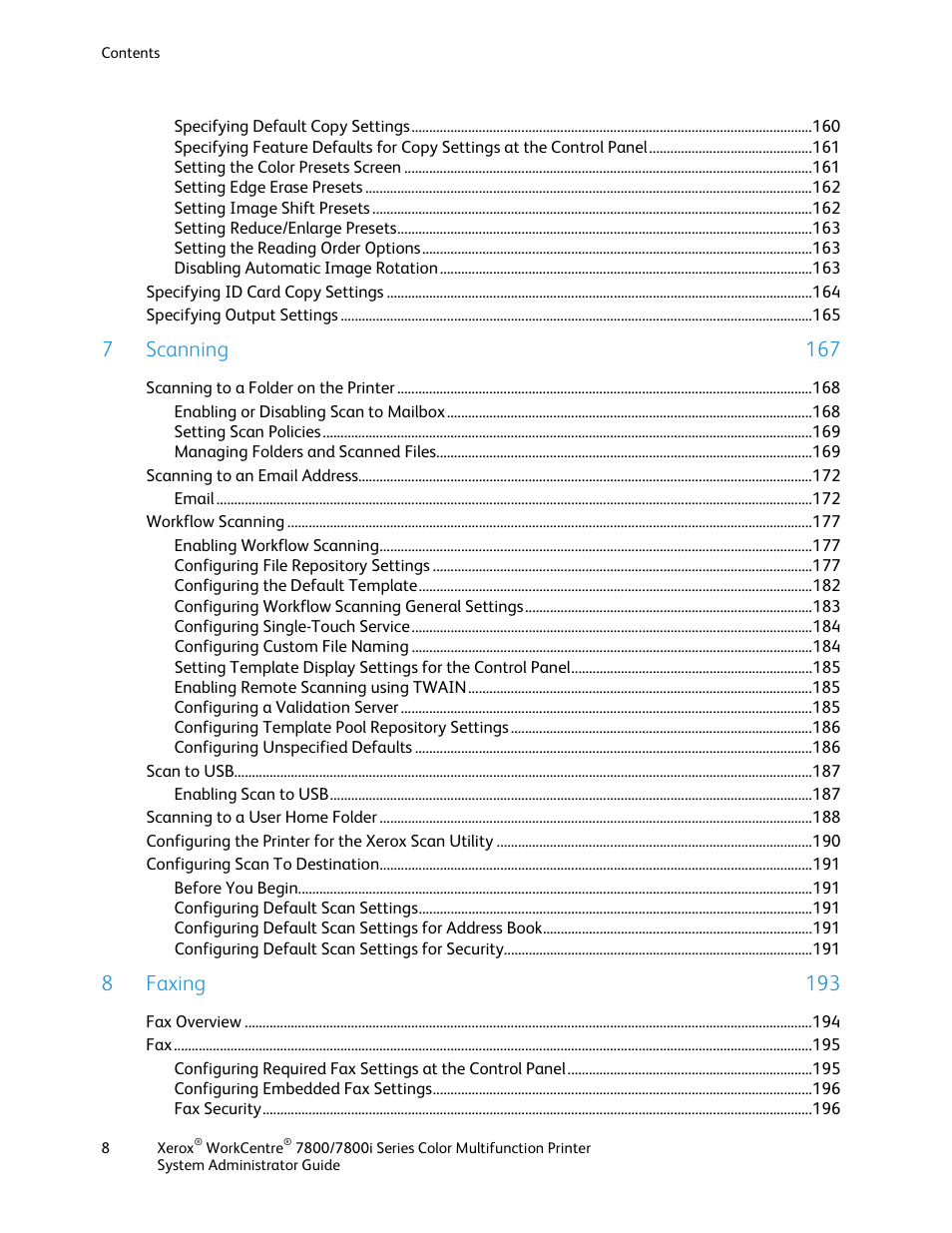 7 scanning 167, 8 faxing 193 | Xerox WorkCentre 7835ii User Manual | Page 8 / 284