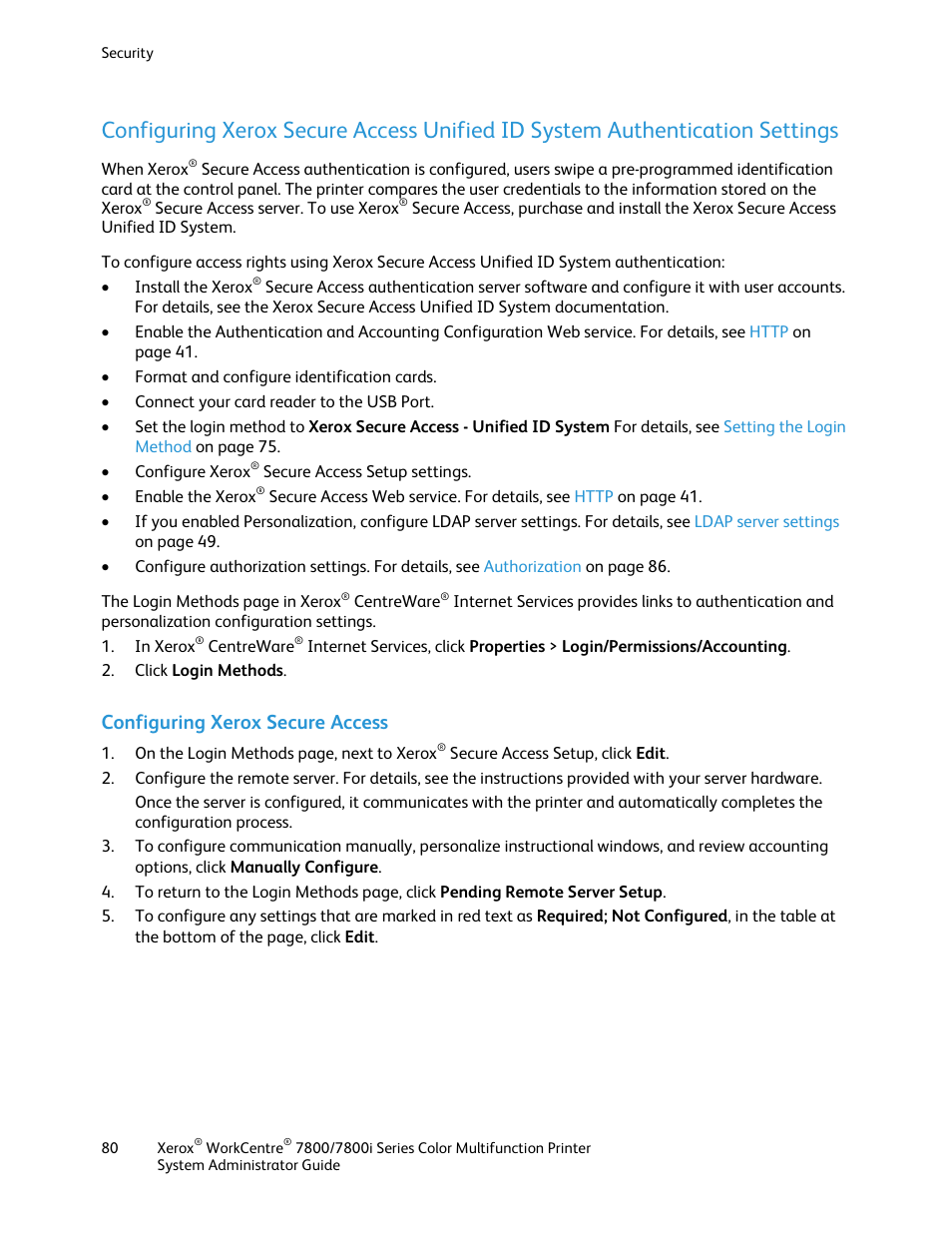 Configuring xerox secure access | Xerox WorkCentre 7835ii User Manual | Page 80 / 284