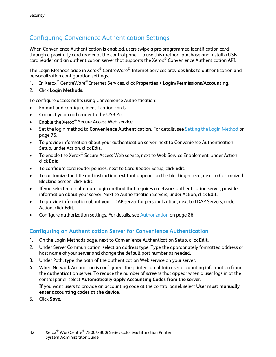 Configuring convenience authentication settings | Xerox WorkCentre 7835ii User Manual | Page 82 / 284