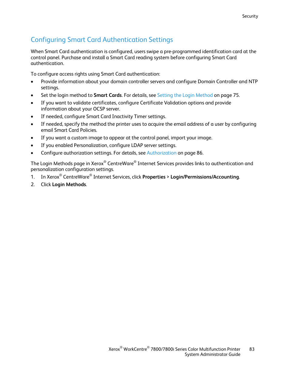 Configuring smart card authentication settings | Xerox WorkCentre 7835ii User Manual | Page 83 / 284