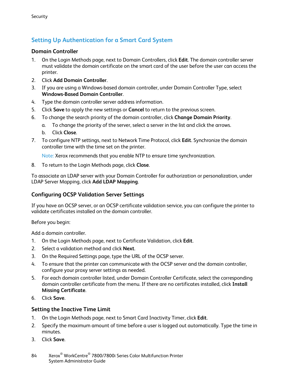 Setting up authentication for a smart card system, Domain controller, Configuring ocsp validation server settings | Setting the inactive time limit | Xerox WorkCentre 7835ii User Manual | Page 84 / 284