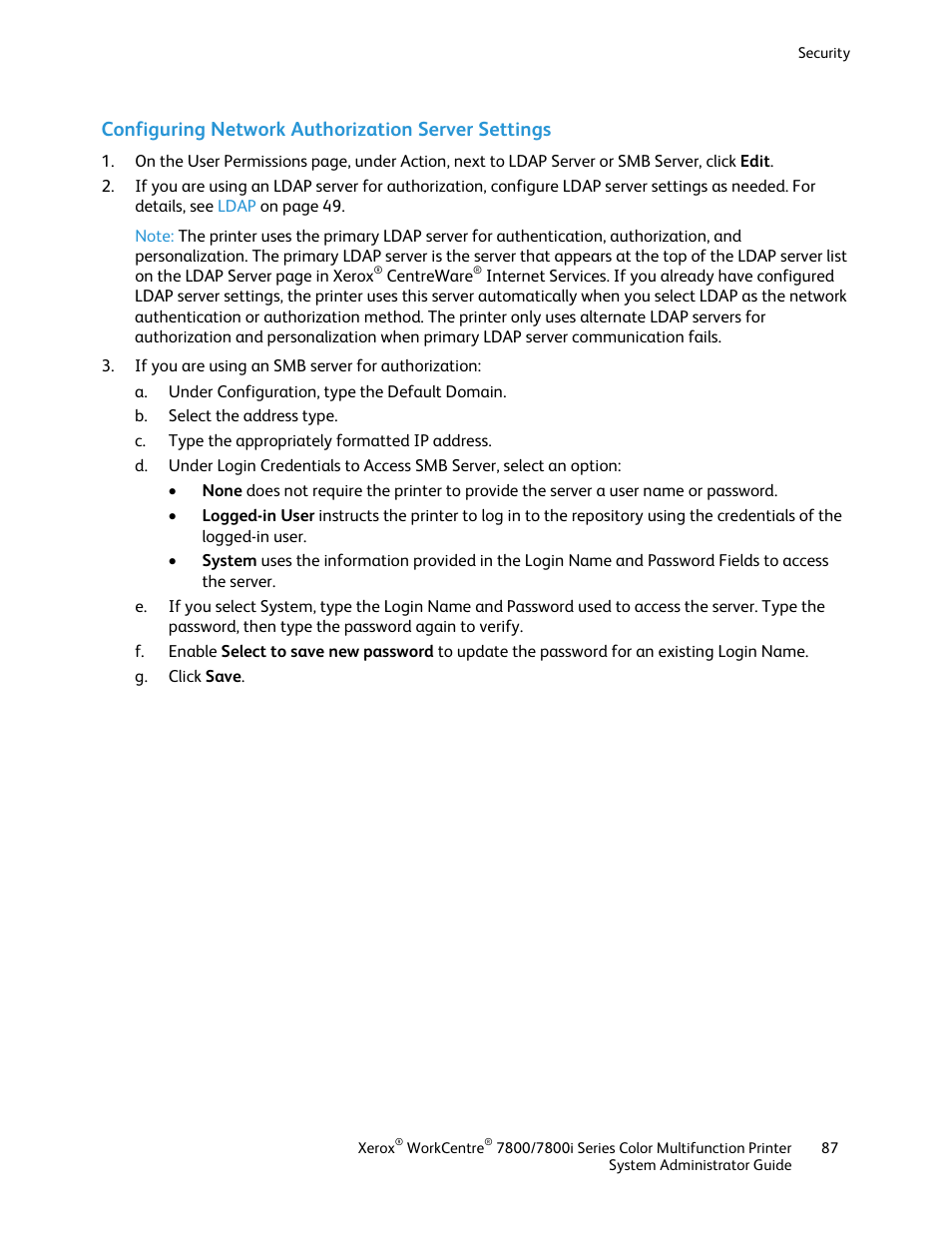 Configuring network authorization server settings | Xerox WorkCentre 7835ii User Manual | Page 87 / 284