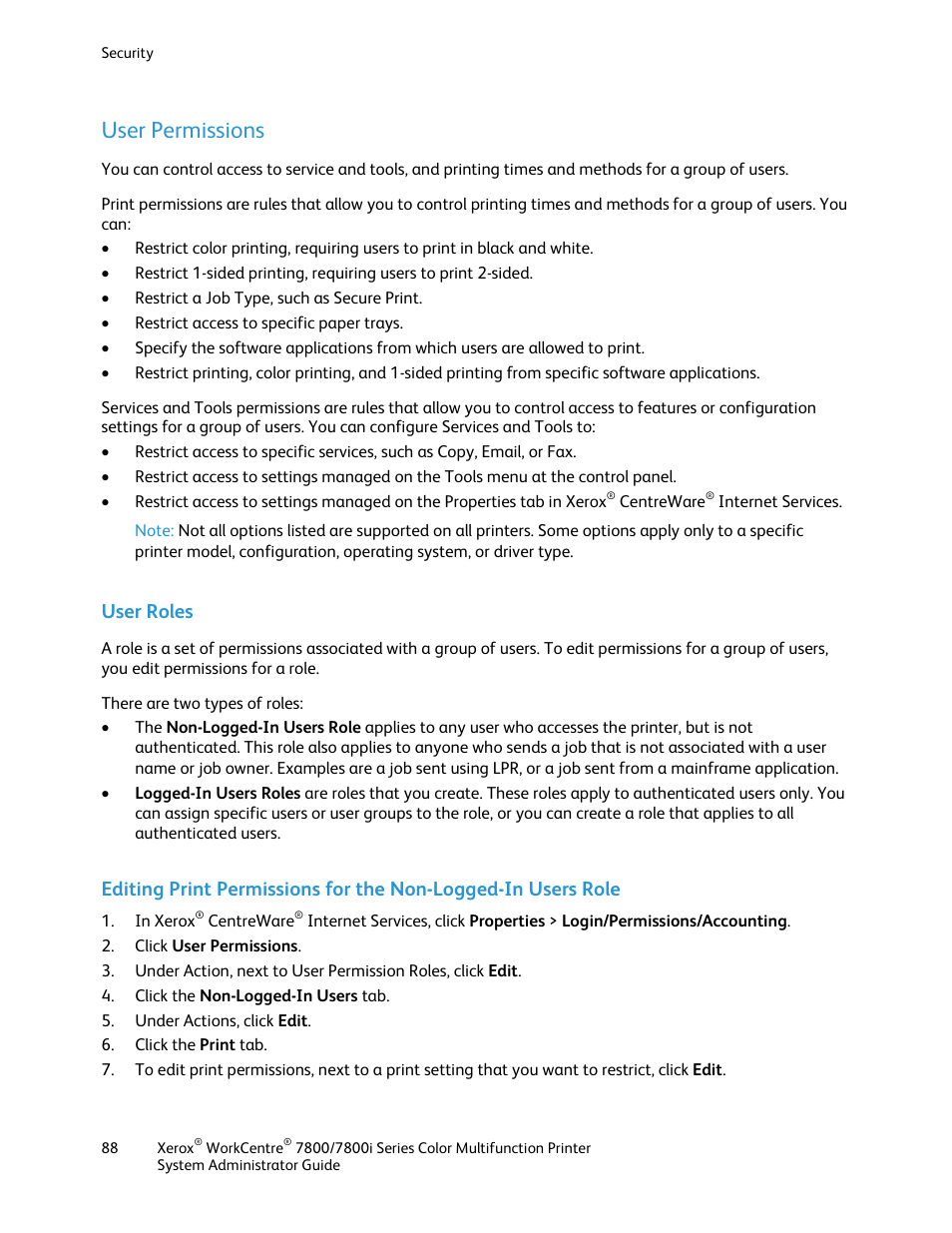 User permissions, User roles | Xerox WorkCentre 7835ii User Manual | Page 88 / 284
