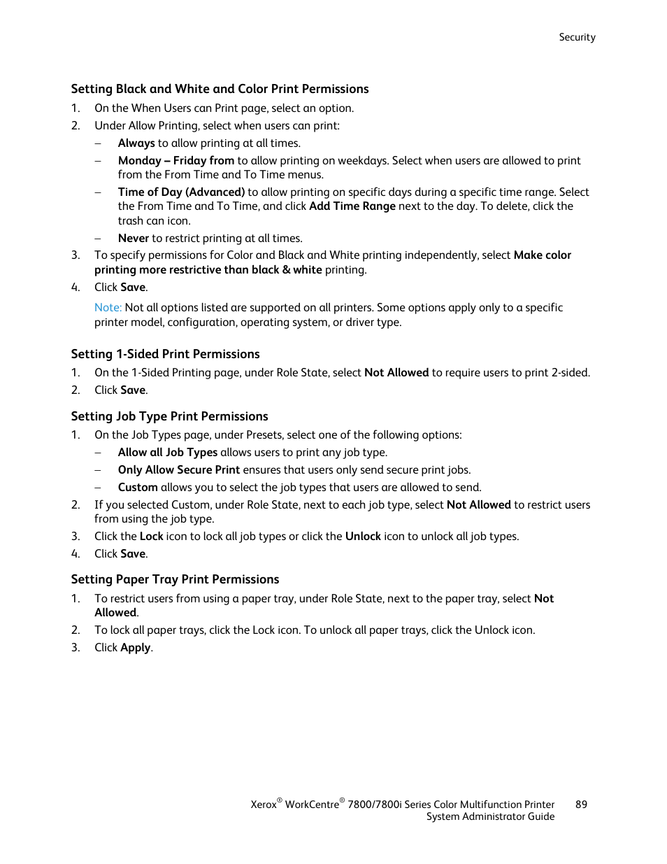 Setting 1-sided print permissions, Setting job type print permissions, Setting paper tray print permissions | Xerox WorkCentre 7835ii User Manual | Page 89 / 284