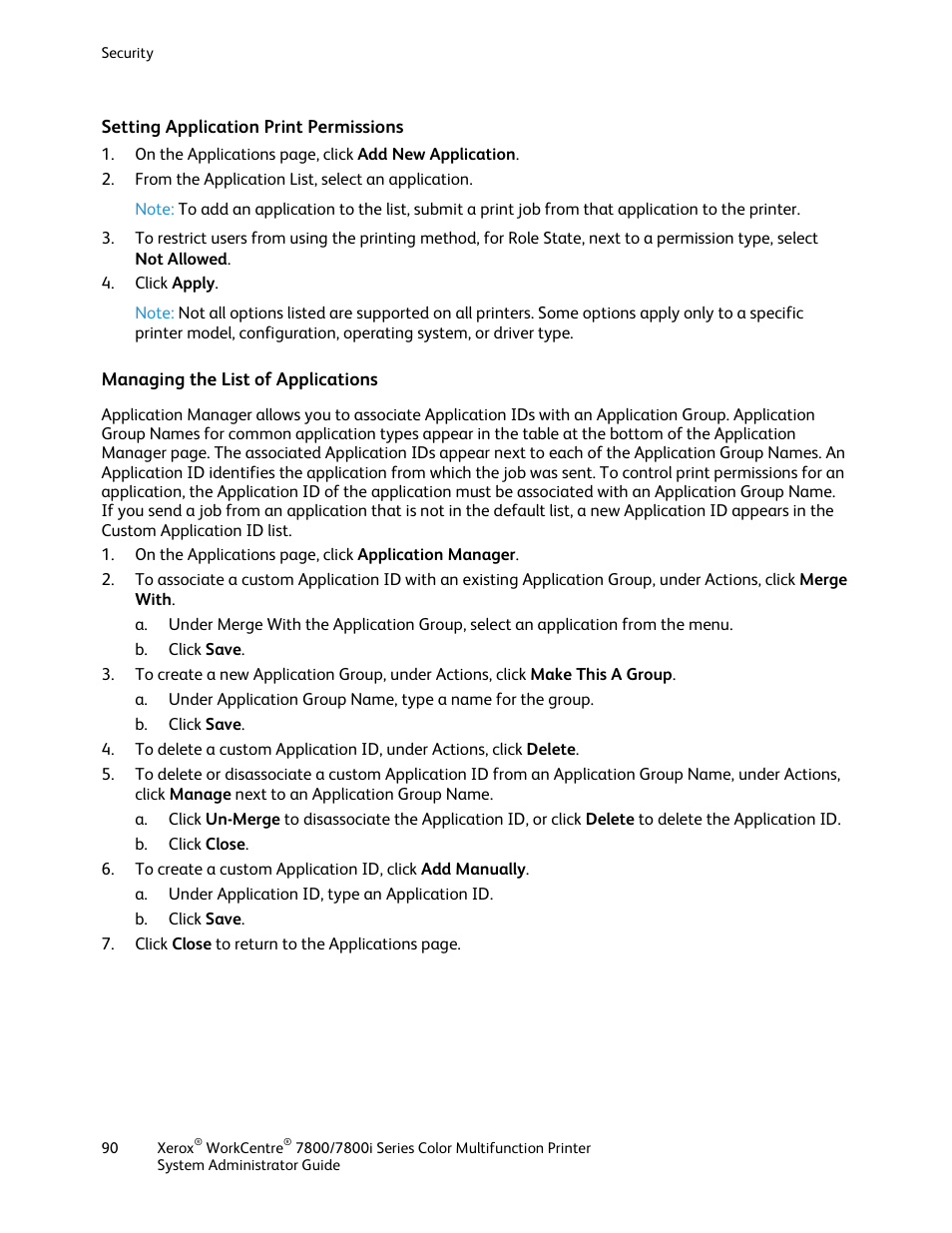 Setting application print permissions, Managing the list of applications | Xerox WorkCentre 7835ii User Manual | Page 90 / 284