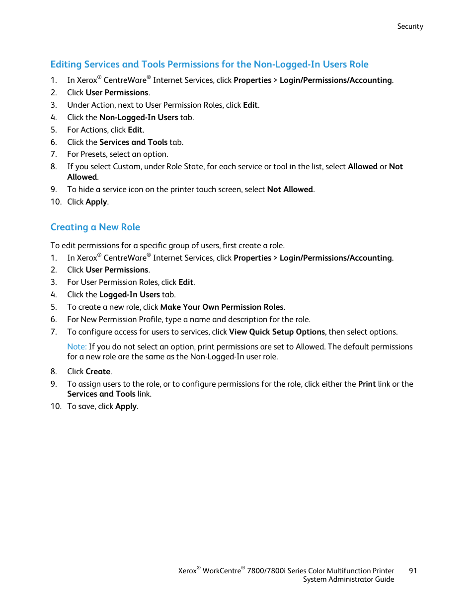 Creating a new role | Xerox WorkCentre 7835ii User Manual | Page 91 / 284